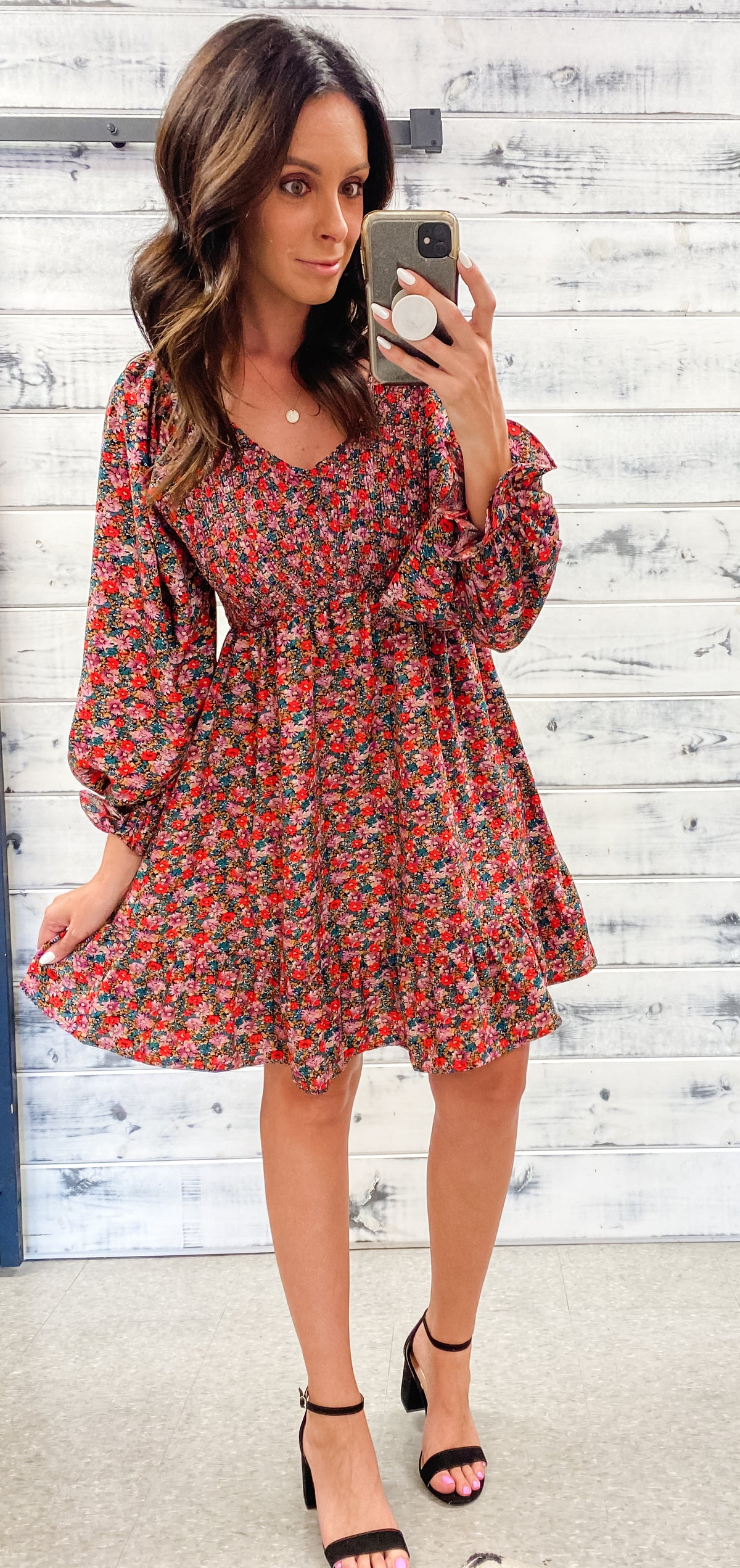 Red, Mauve &amp; Jade Floral Smocked Ruffle Dress