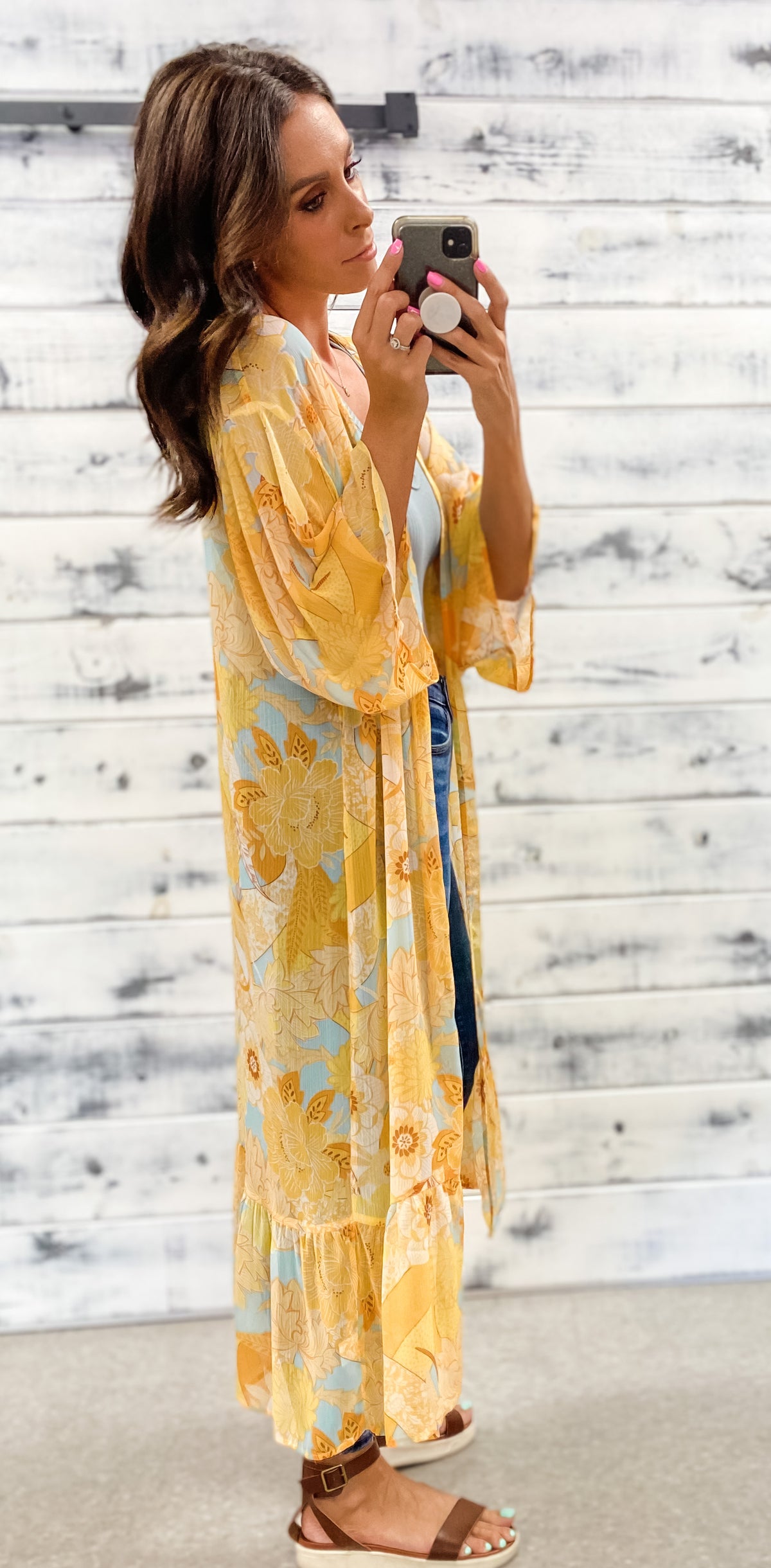 Yellow &amp; Aqua Floral Maxi Kimono