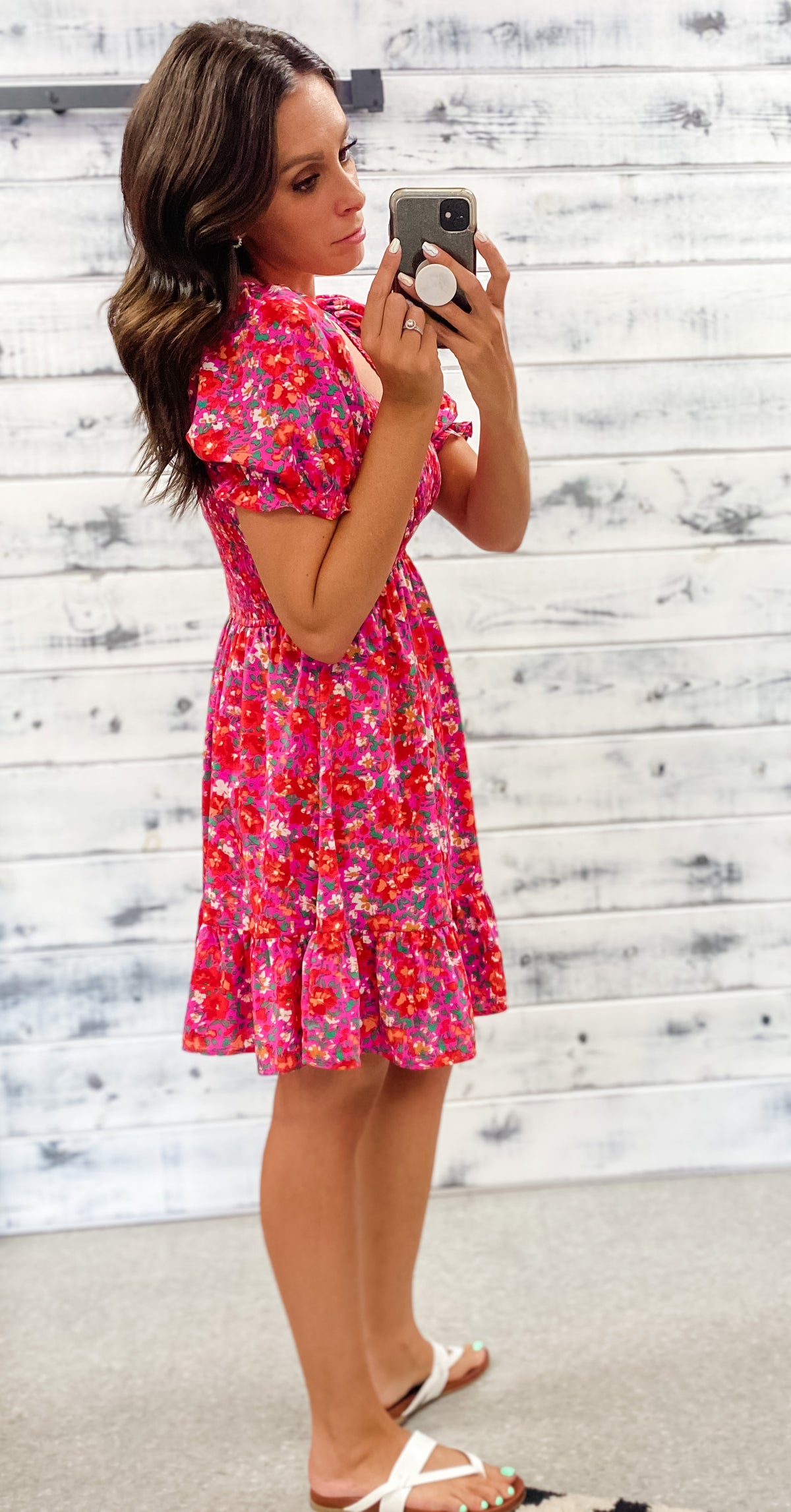 Fuchsia &amp; Red Floral Smocked Poofy Sleeve Dress