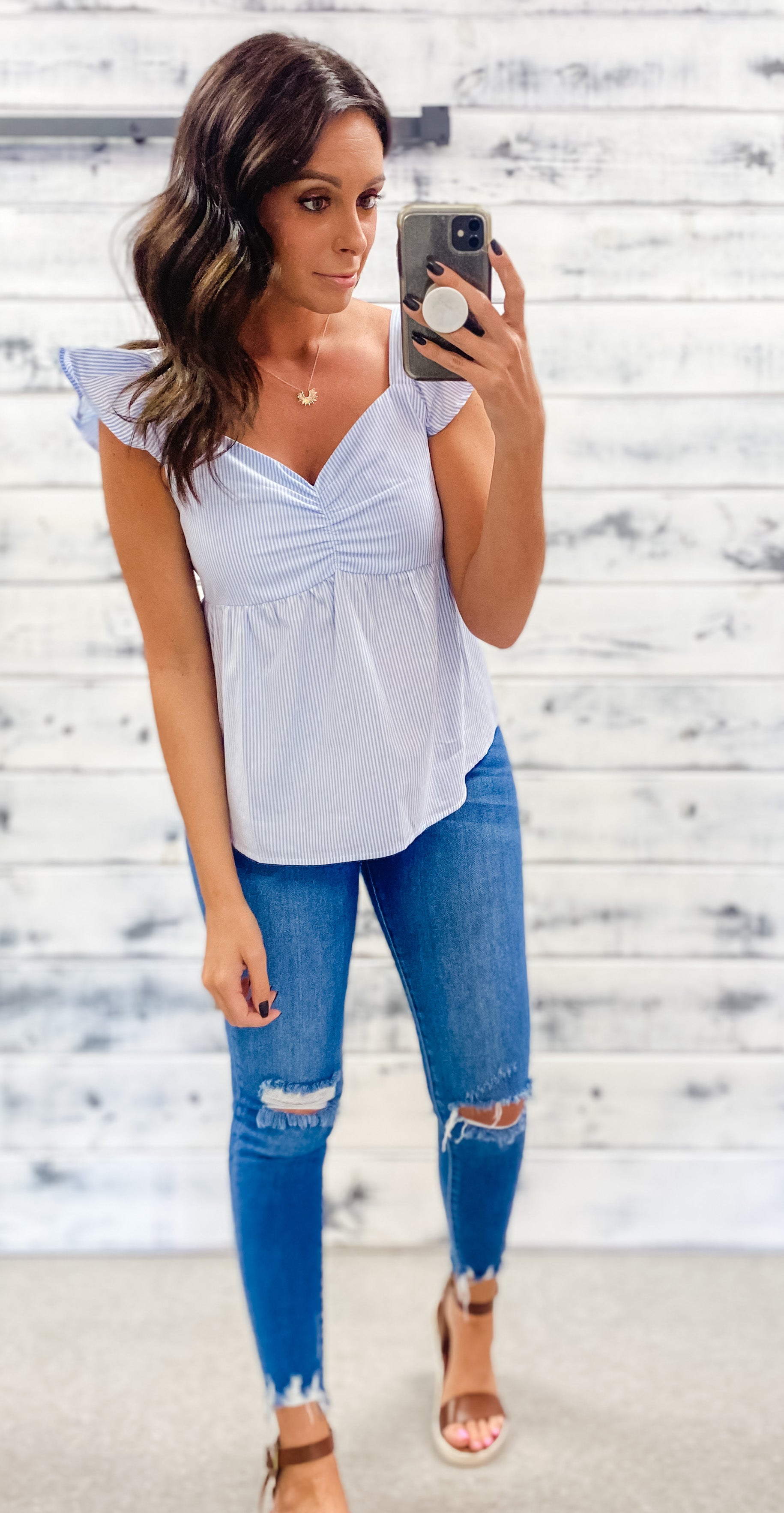 Baby Blue Pinstripe Flutter Babydoll Top - Grace and Garment Boutique