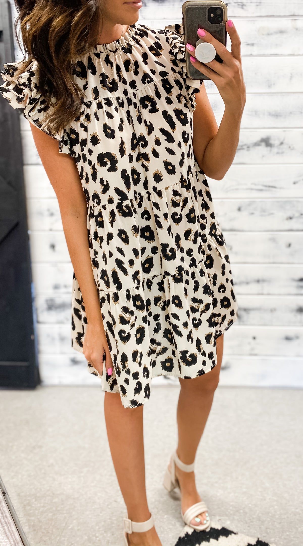 Cream Leopard Babydoll Ruffle Dress