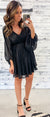 Black Shimmer Poofy Sleeve Flutter Dress