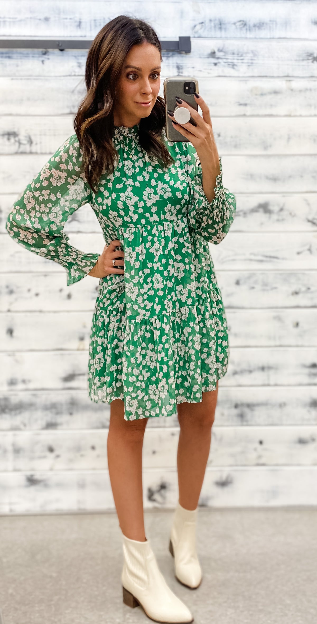 Green &amp; Ivory Floral Ruffle Dress
