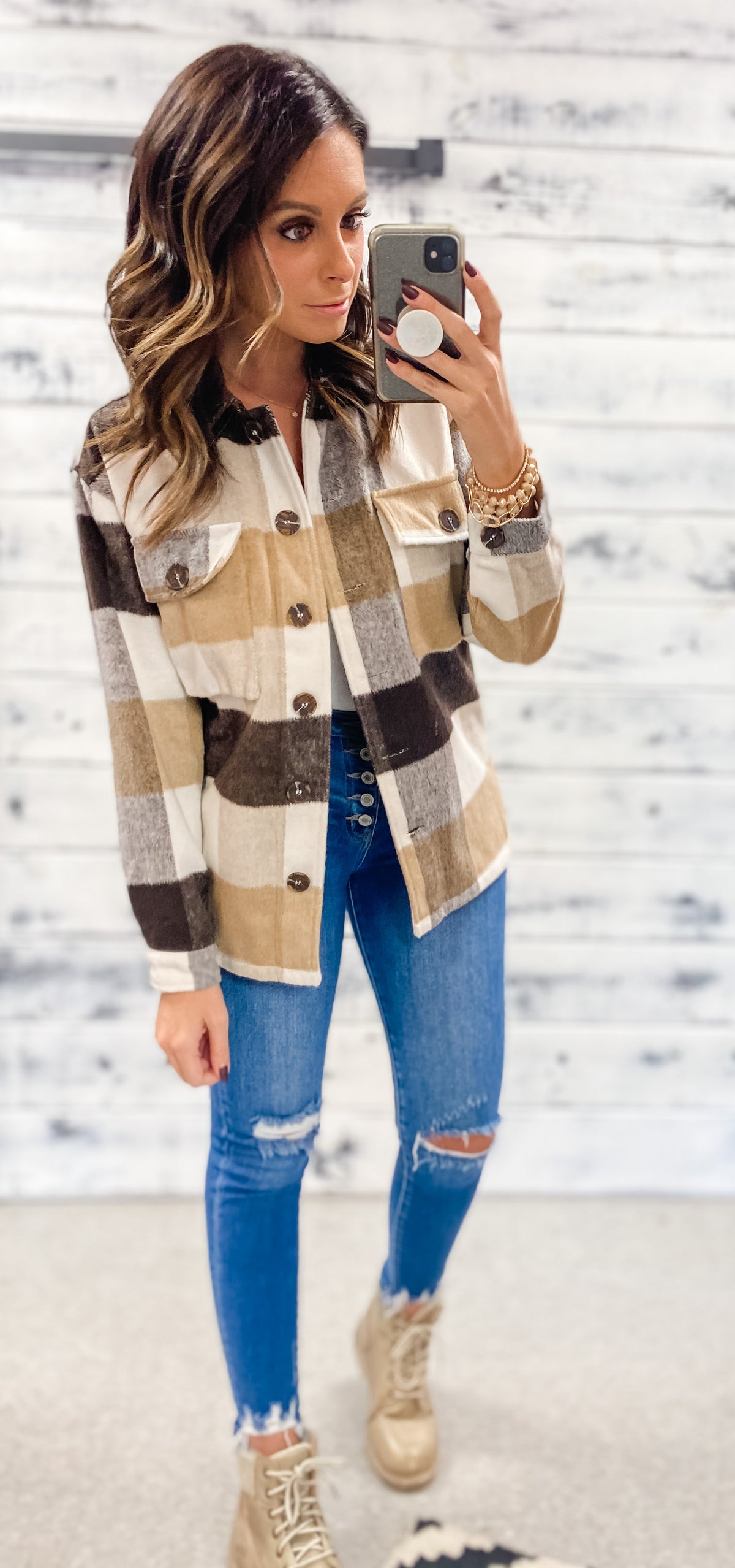 Chocolate &amp; Taupe Plaid Shacket