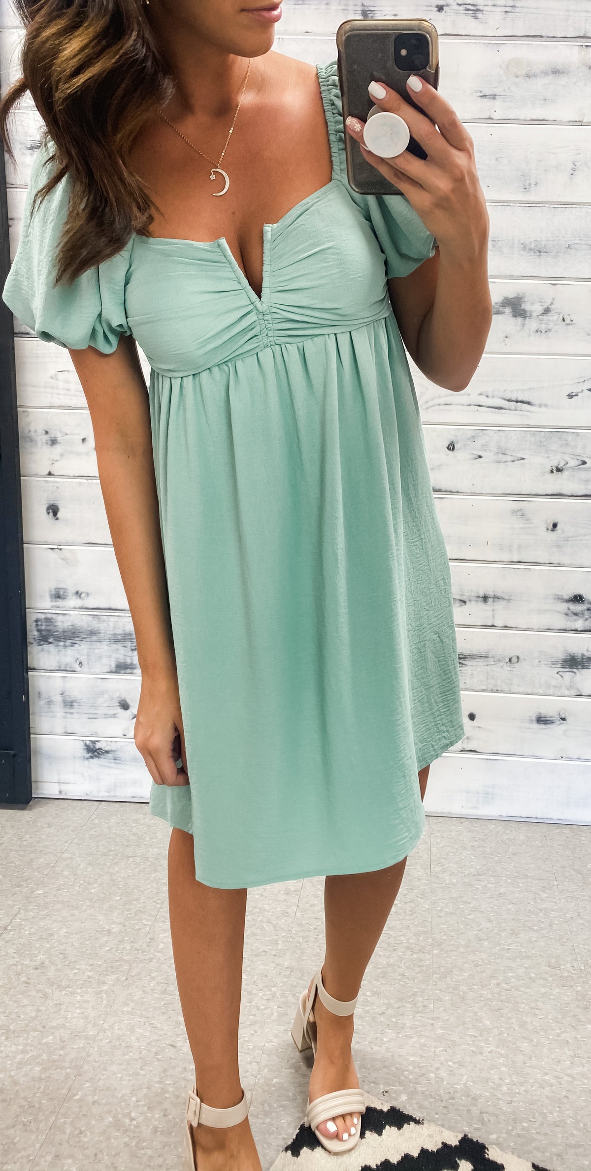 Light Aqua V-Cut Poofy Sleeve Dress
