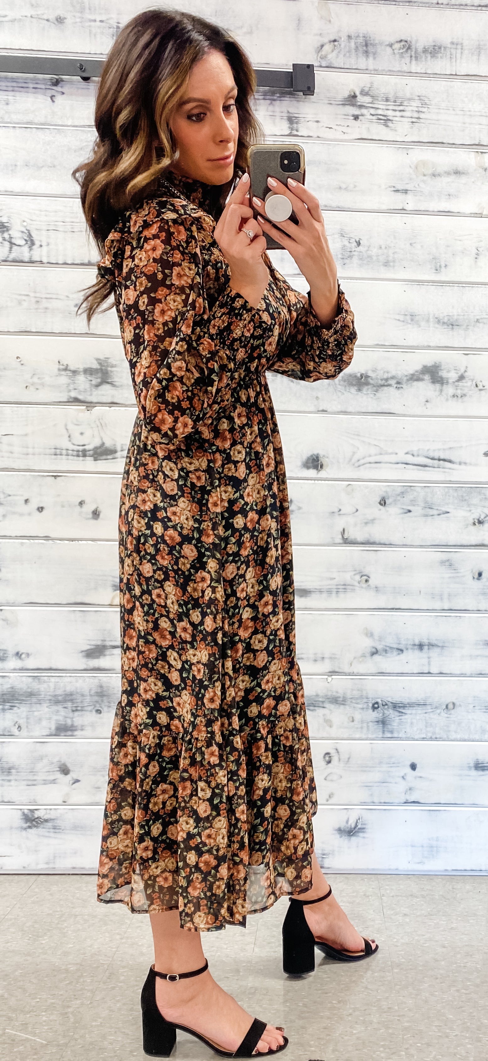 Black & Floral Smocked Ruffle Midi - Grace and Garment Boutique