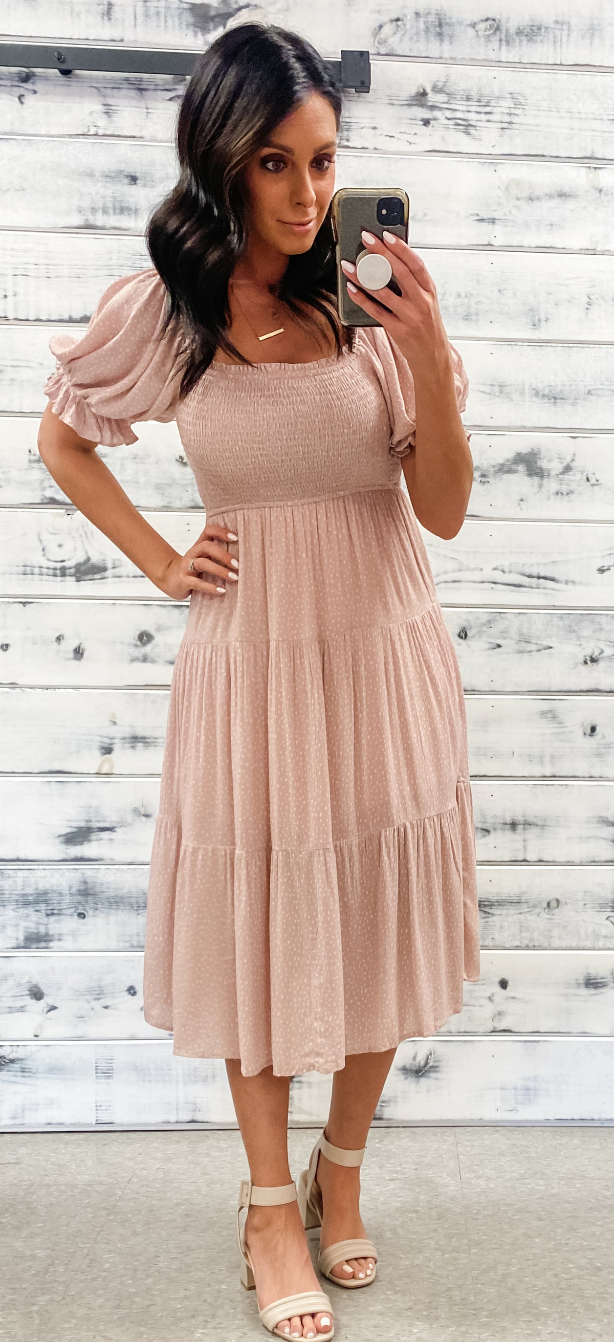Light Pink Dotted Poofy Sleeve Midi Dress