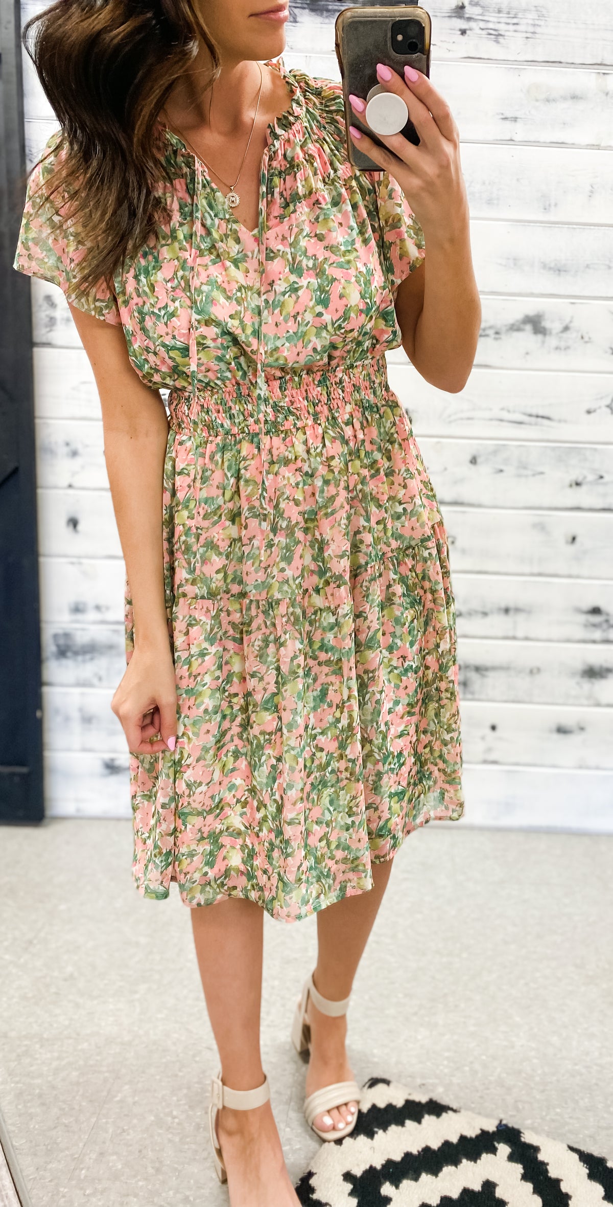 Green &amp; Blush Floral Smocked Midi Dress