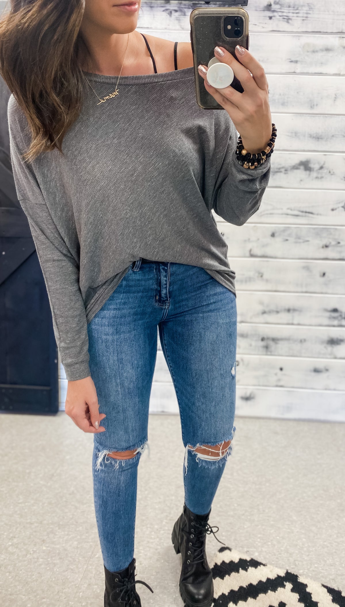 Charcoal Heathered Boat Neck Top