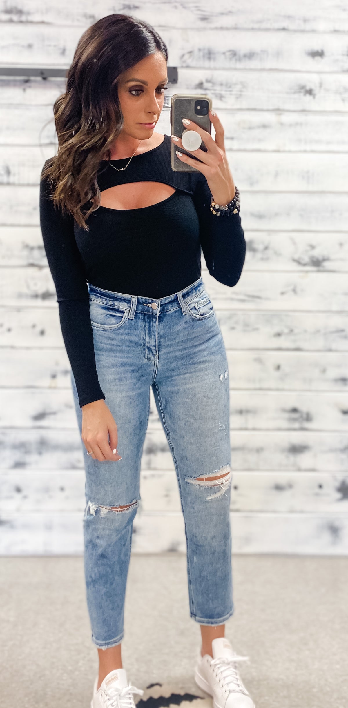 Black Ribbed Cutout Top