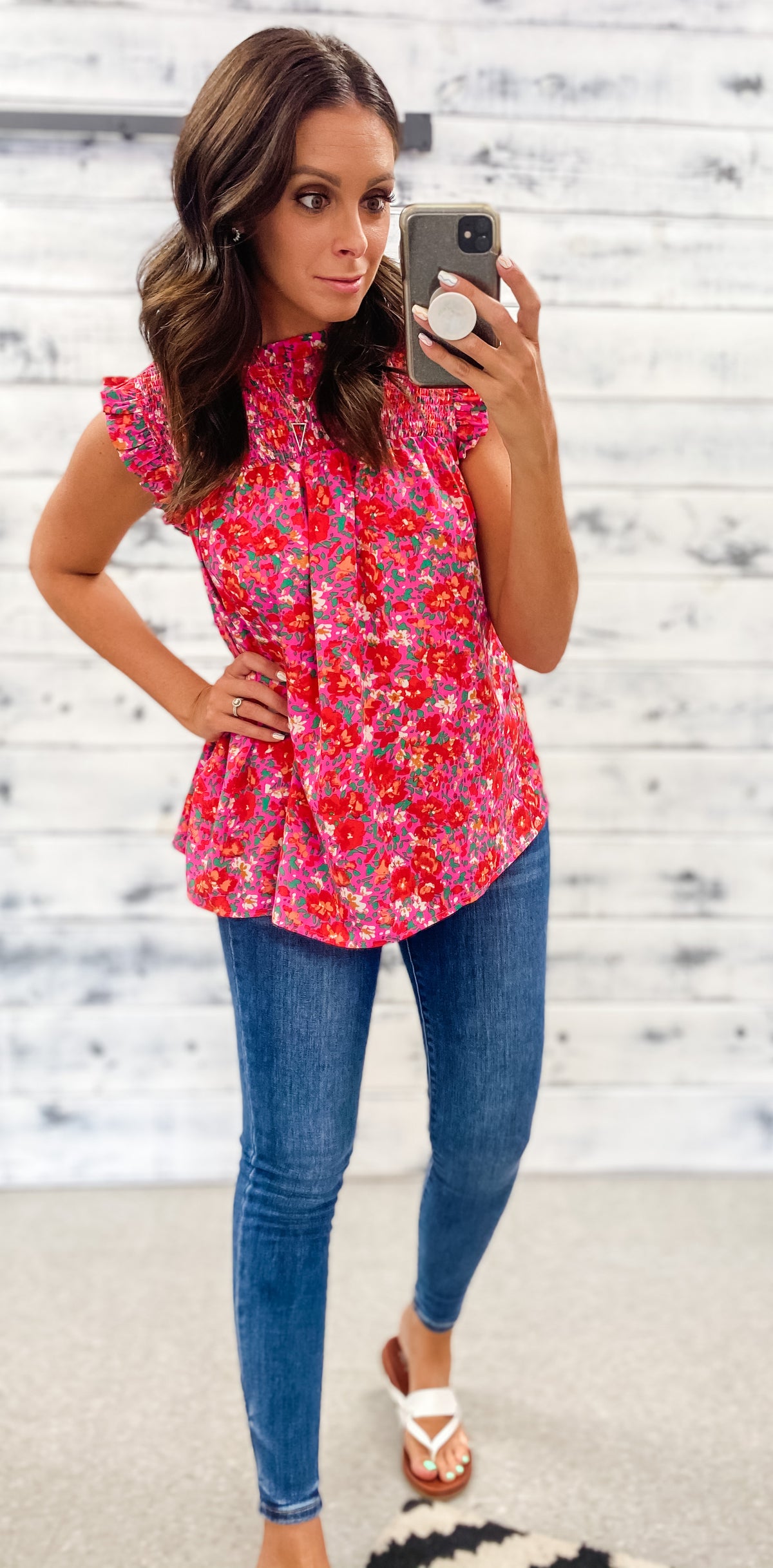 Fuchsia &amp; Red Floral Smocked Blouse
