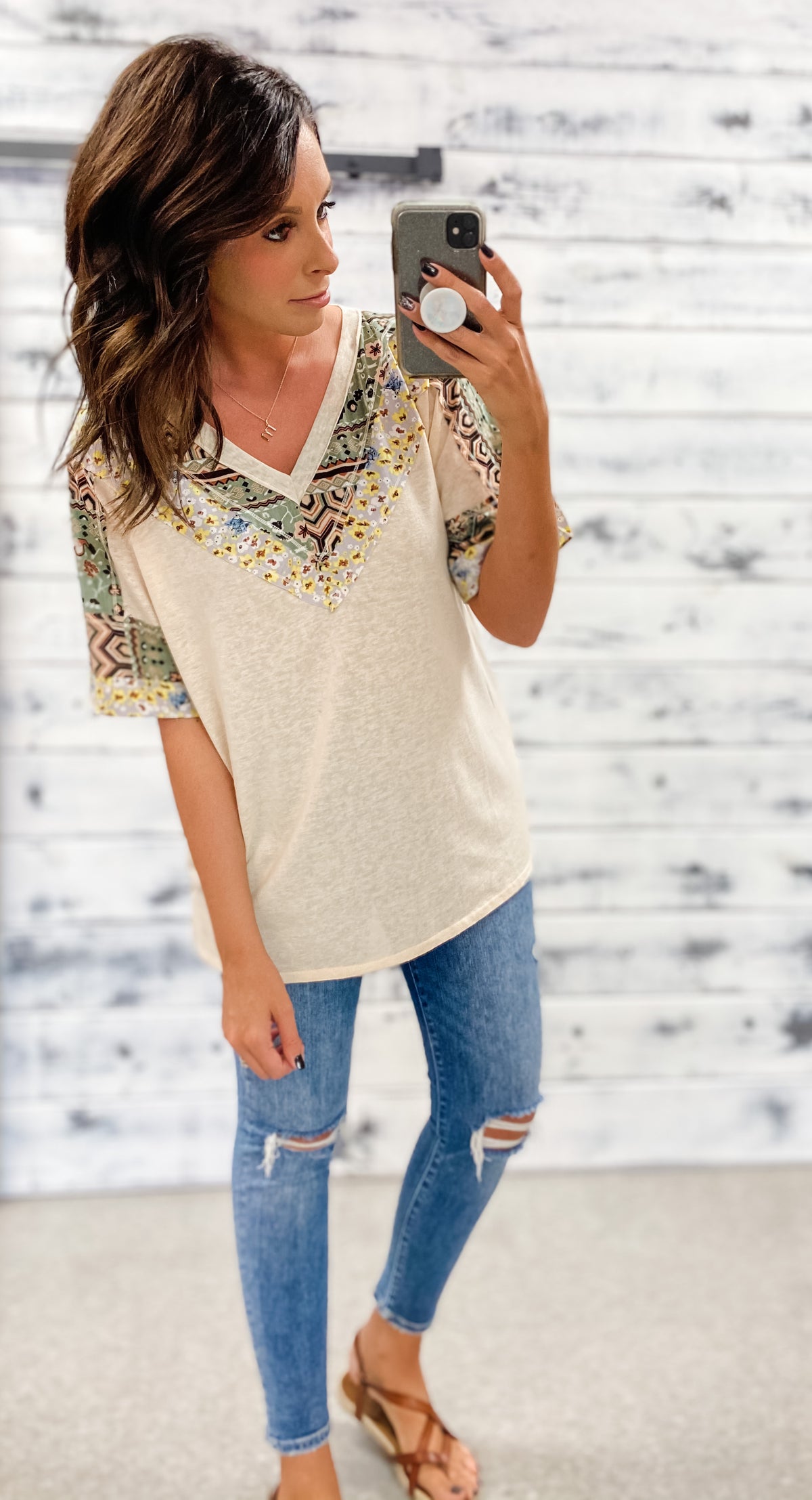 Light Yellow Patchwork V-Neck Top