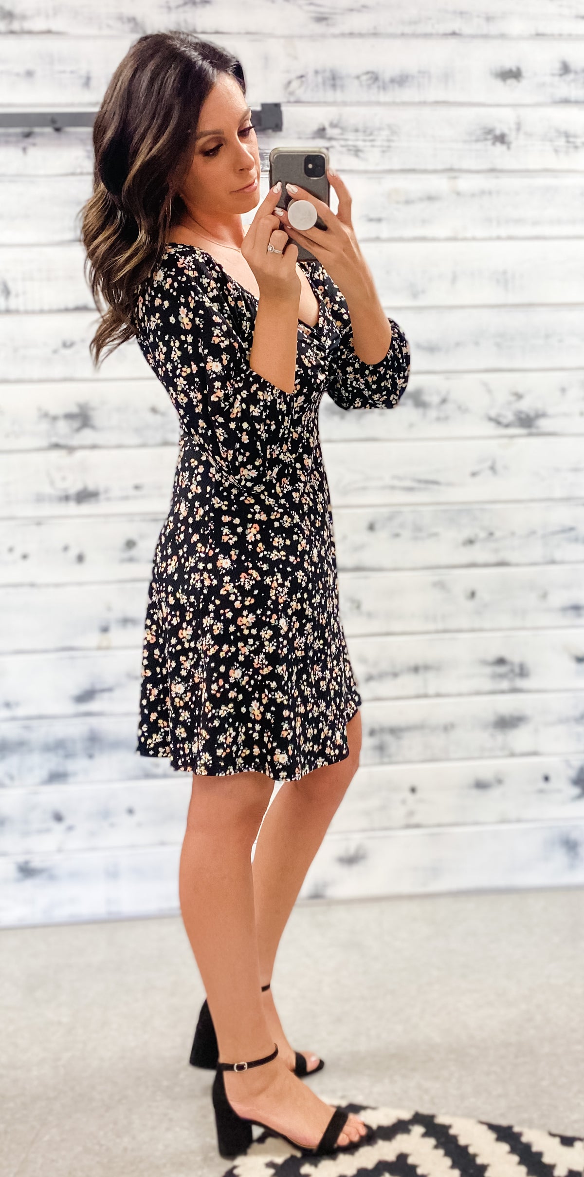 Black Floral Ruched Ribbed Dress