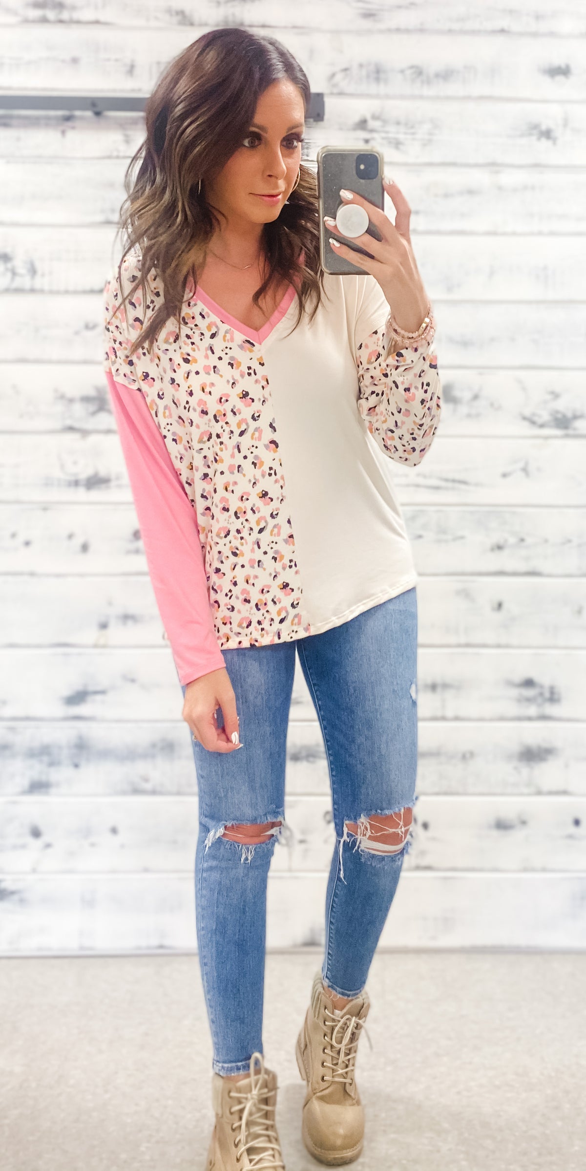 Pink &amp; White Leopard V-Neck Top