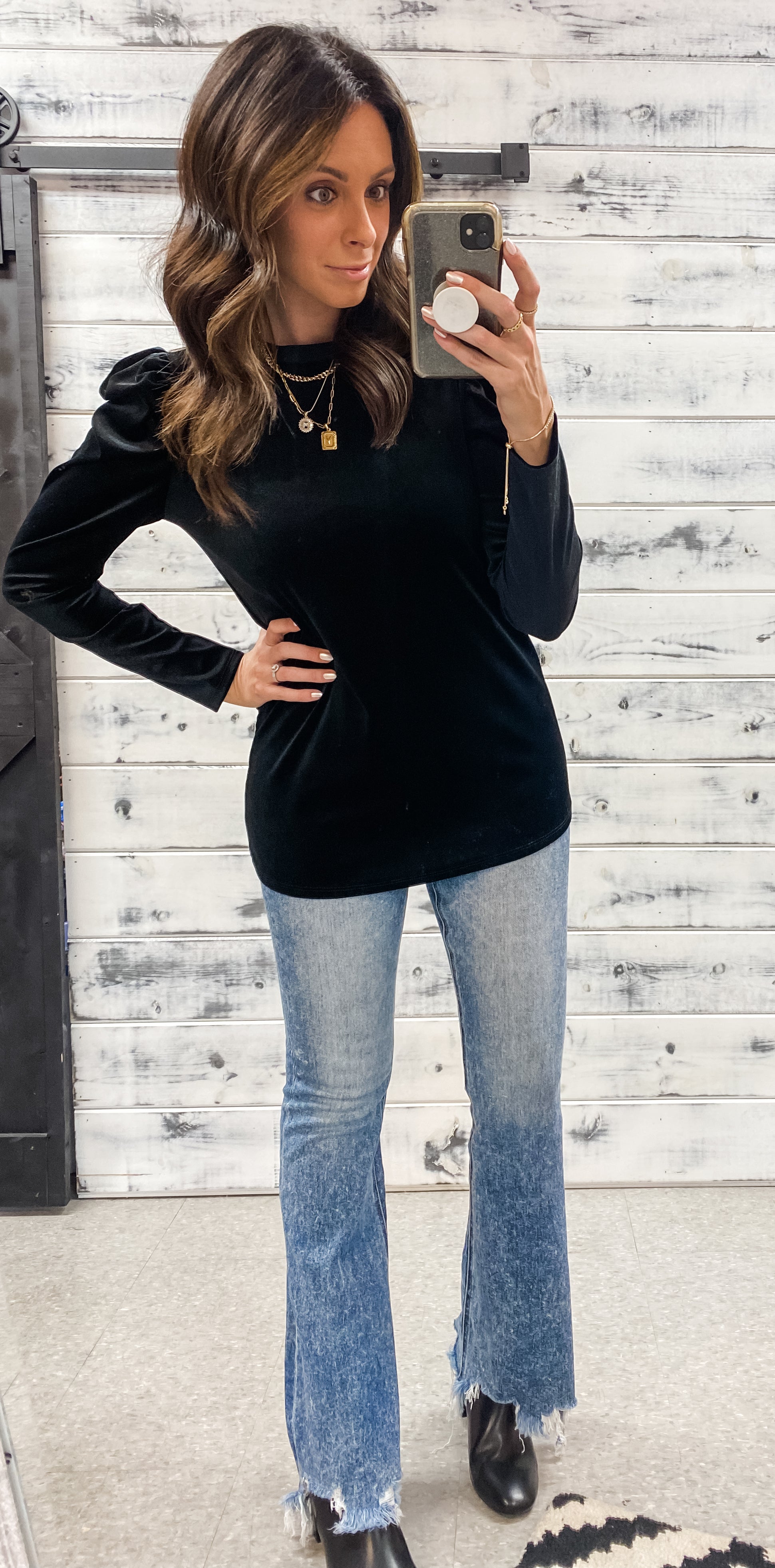 Black Velvet Puff Shoulder Top - Grace and Garment Boutique