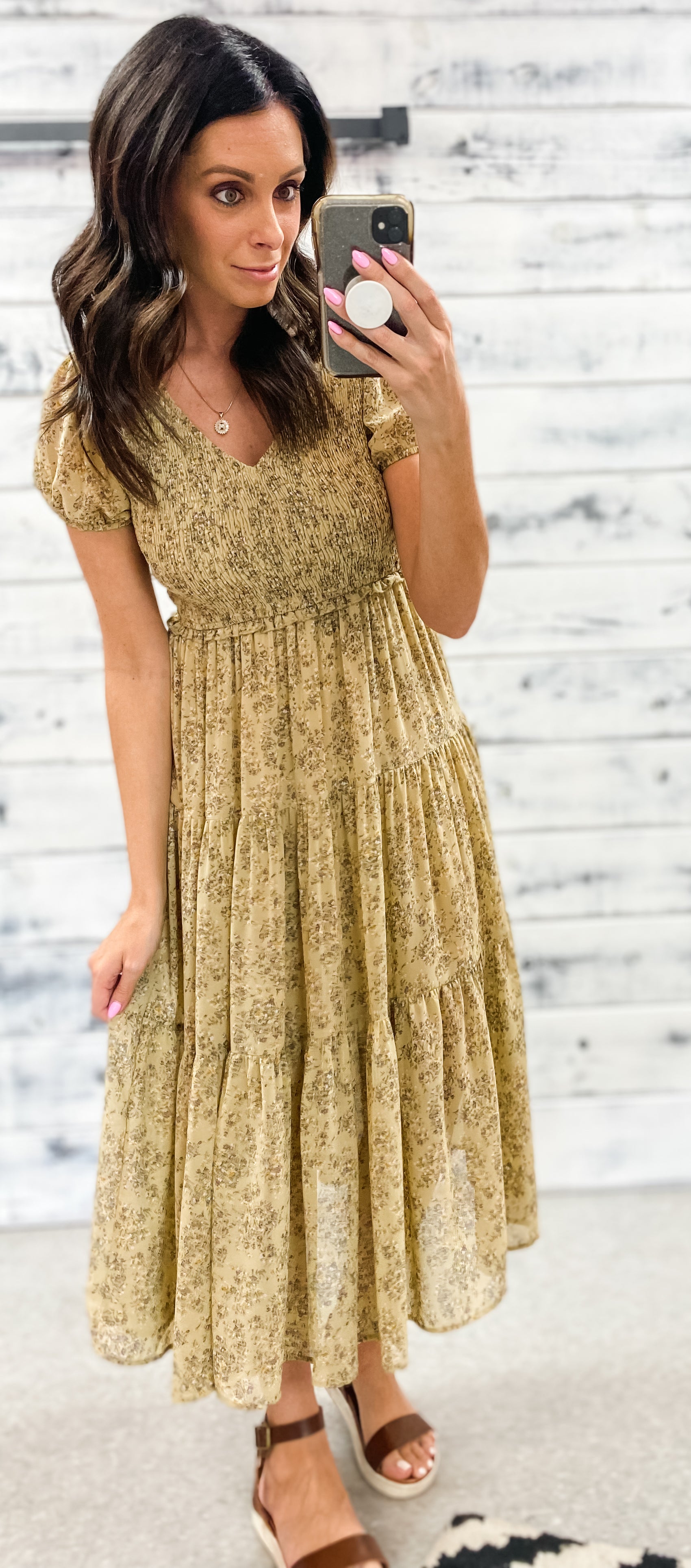 Muted Mustard Floral Smocked Midi Dress - Grace and Garment Boutique