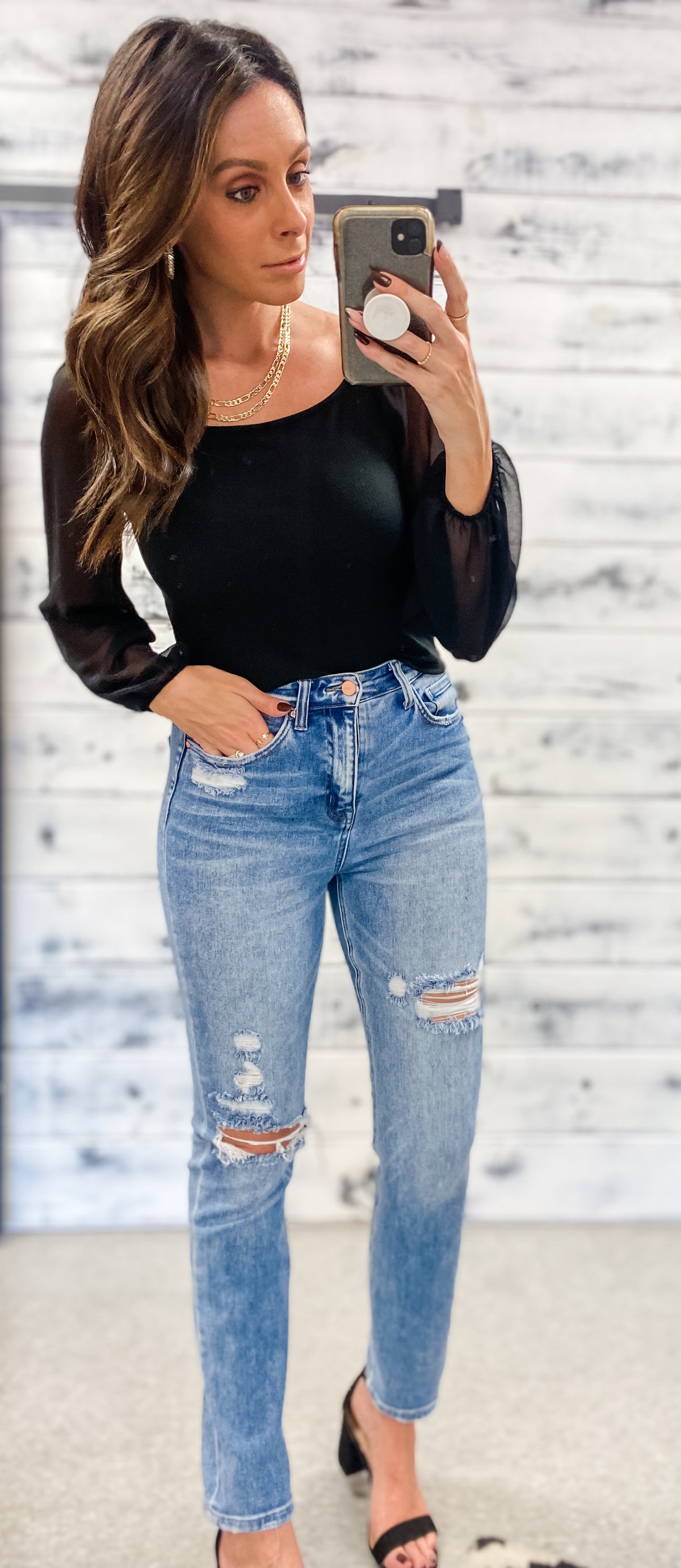 Black Ribbed Square Neck Top W/Sheer Sleeves