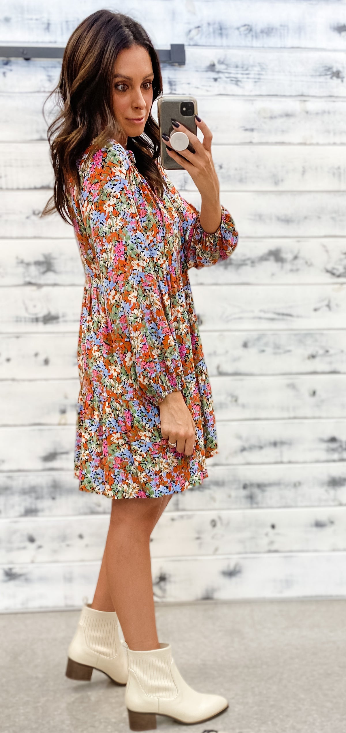 Rust, Olive &amp; Periwinkle Floral Tiered Dress