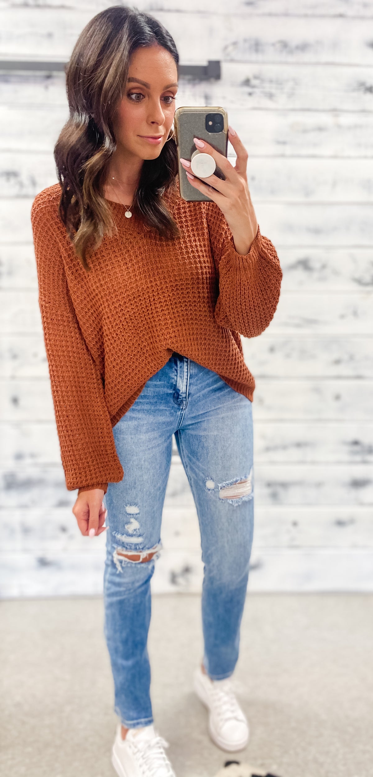 Rust Open Knit V-Neck Sweater