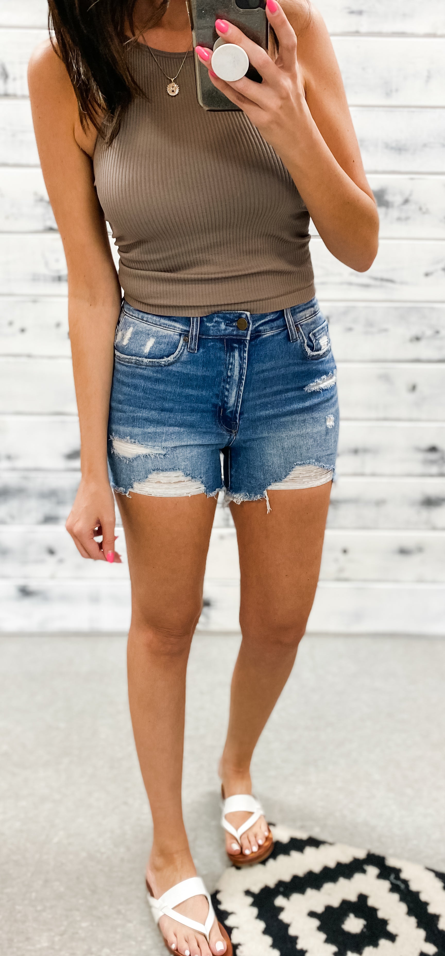 Mica Medium Wash Destroyed High Rise Shorts - Grace and Garment