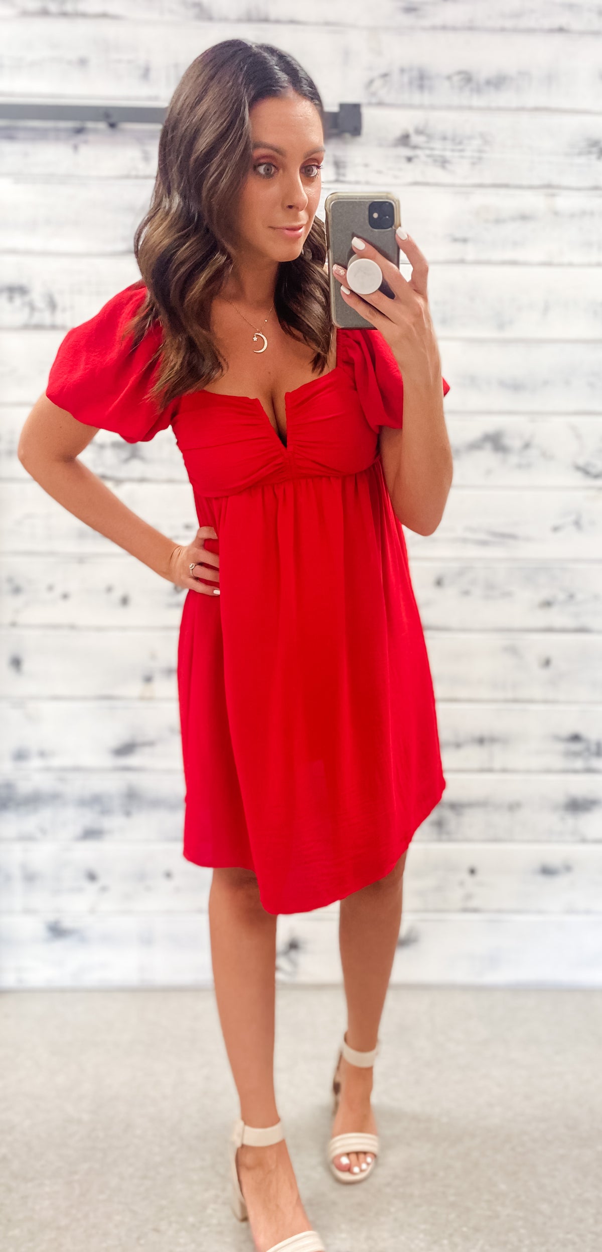 Really Red V-Cut Poofy Sleeve Dress