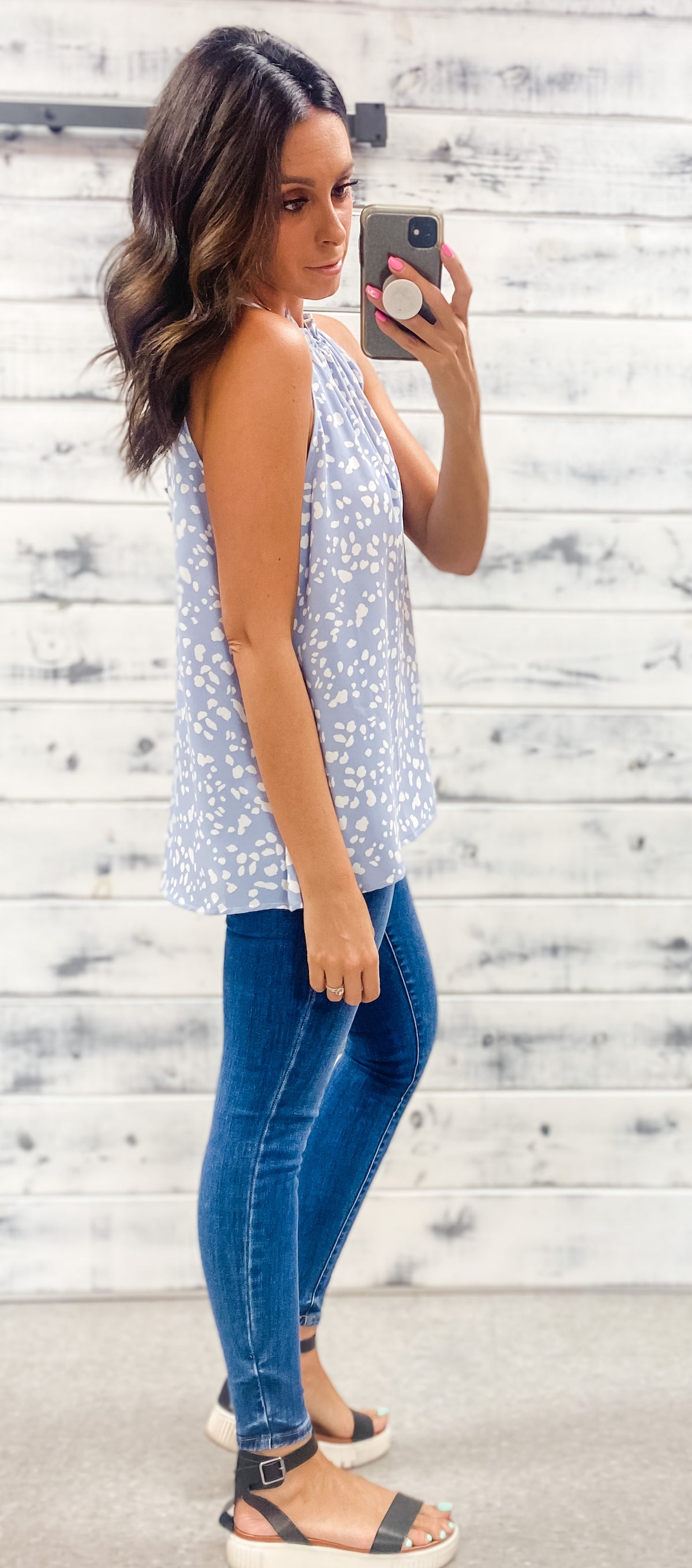 Muted Periwinkle Spotted Ruffle Racerback Tank