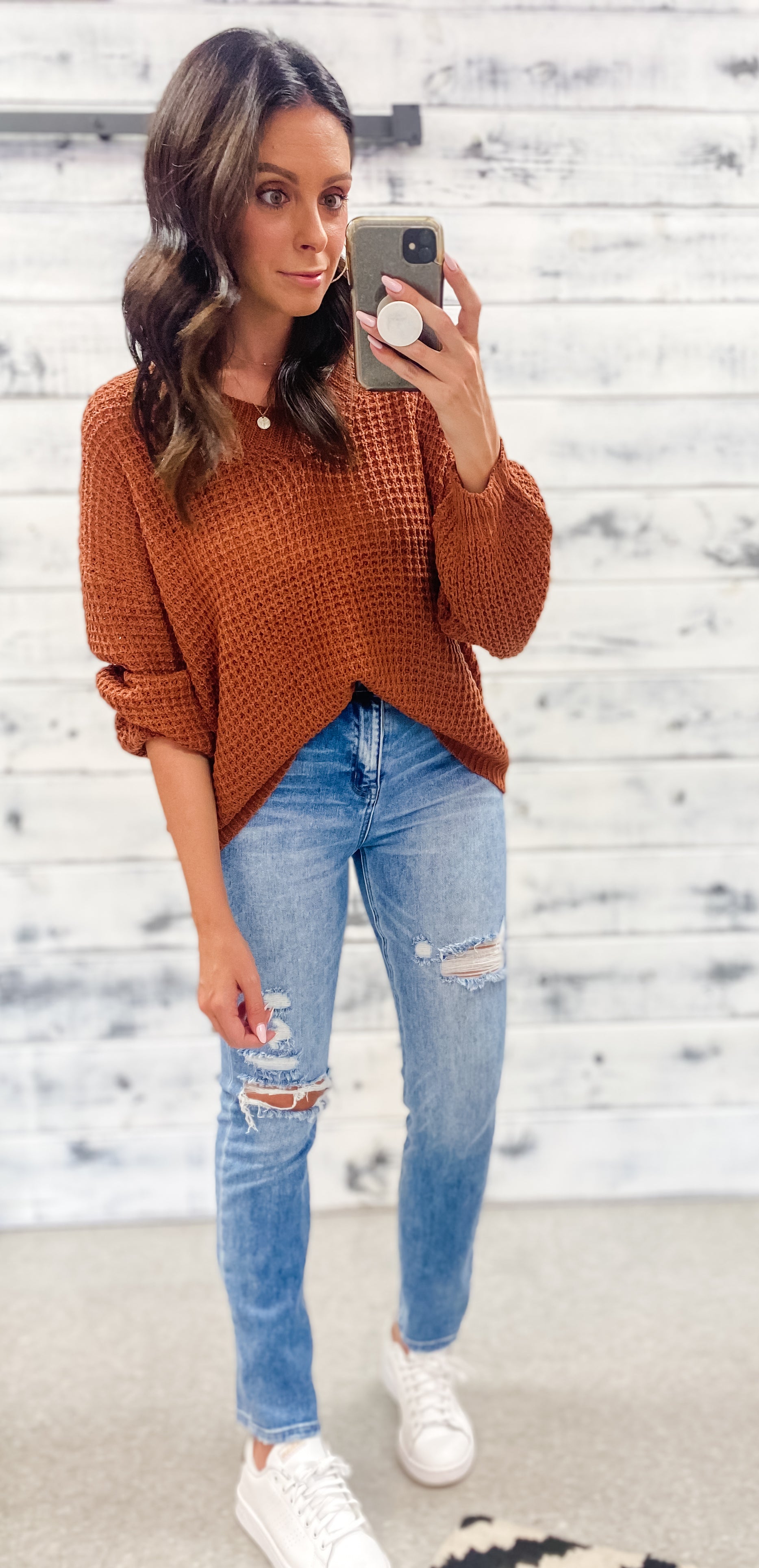 Rust Open Knit V-Neck Sweater - Grace and Garment Boutique