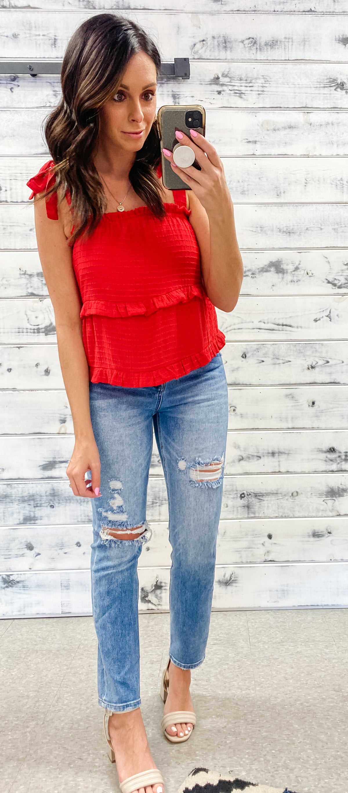 Red Textured Ruffle Tie Tank