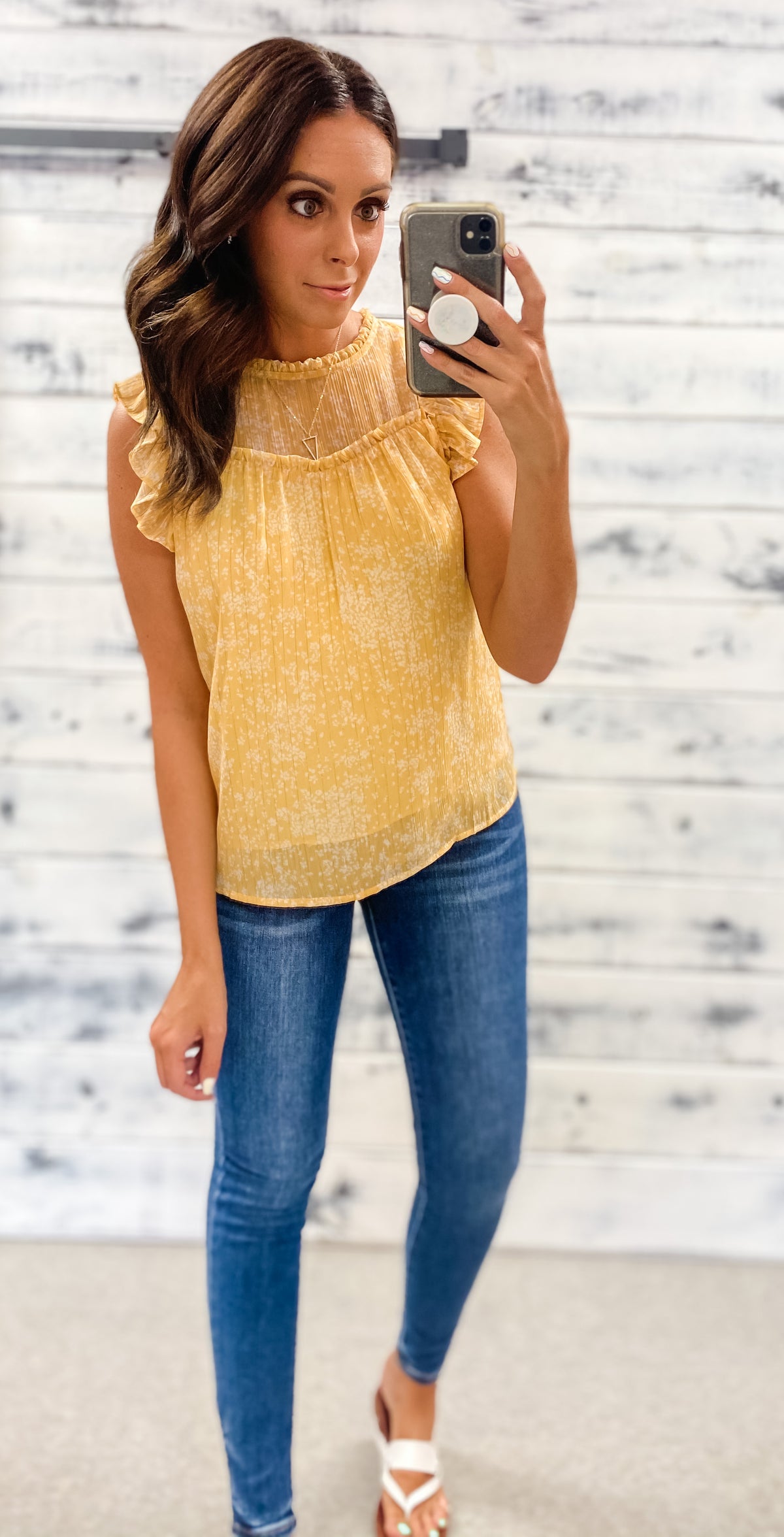Marigold Floral Shimmer Ruffle Blouse