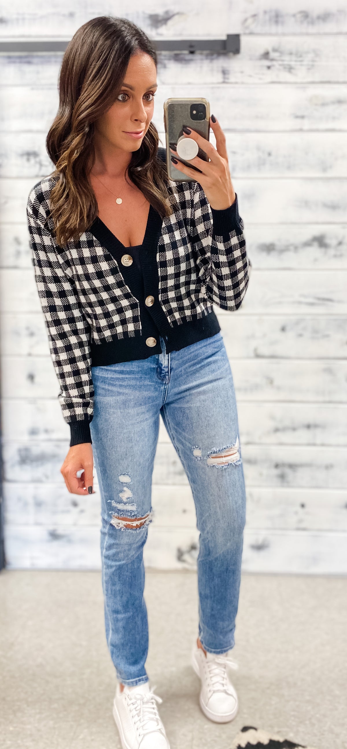 Black &amp; White Check Buttoned Cardigan