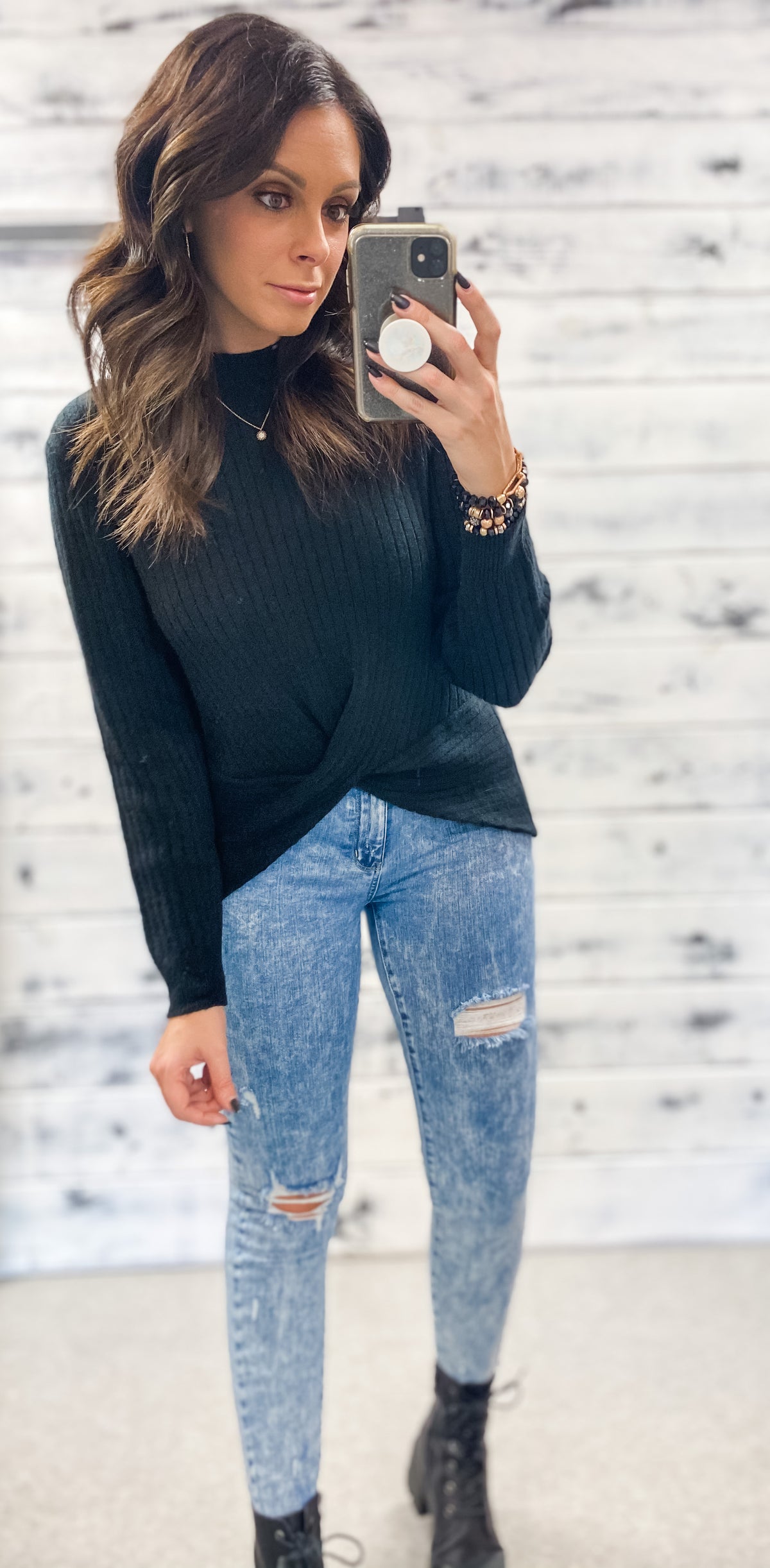 Black Ribbed Twisted Front Sweater