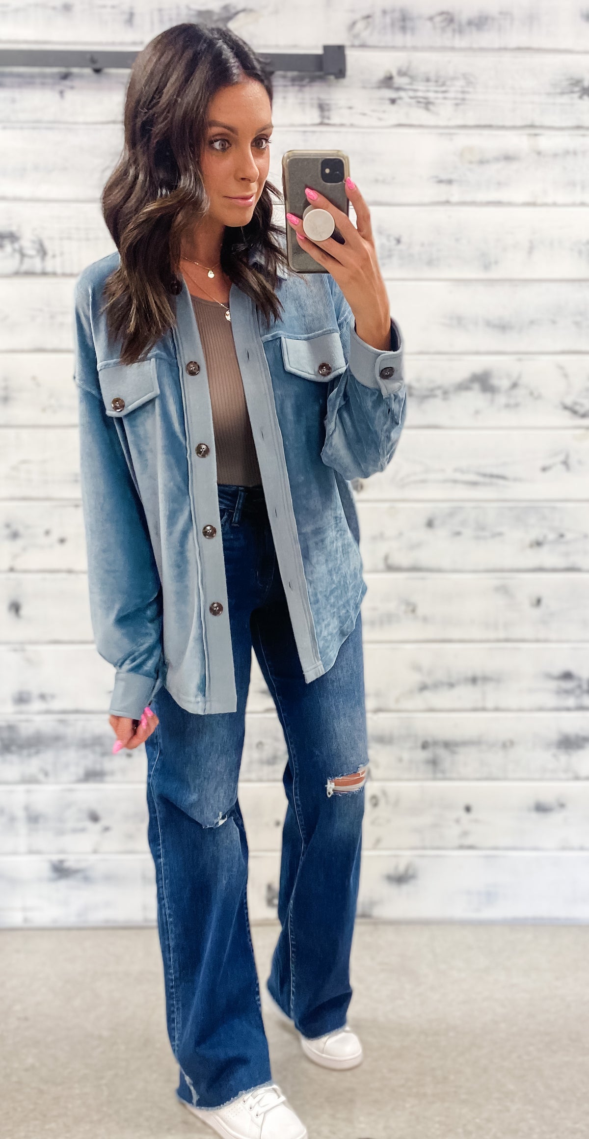 Dusty Blue Velvet Contrast Shacket