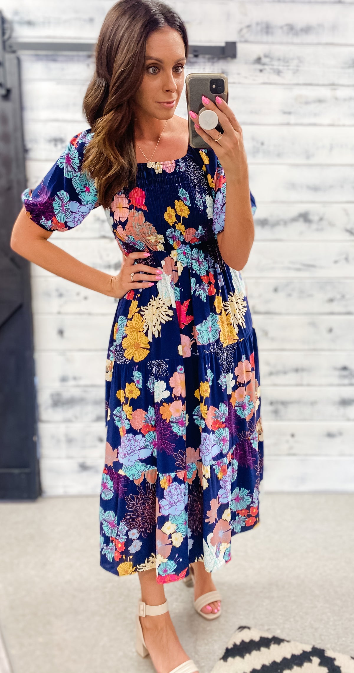 Navy Floral Smocked Tiered Midi Dress
