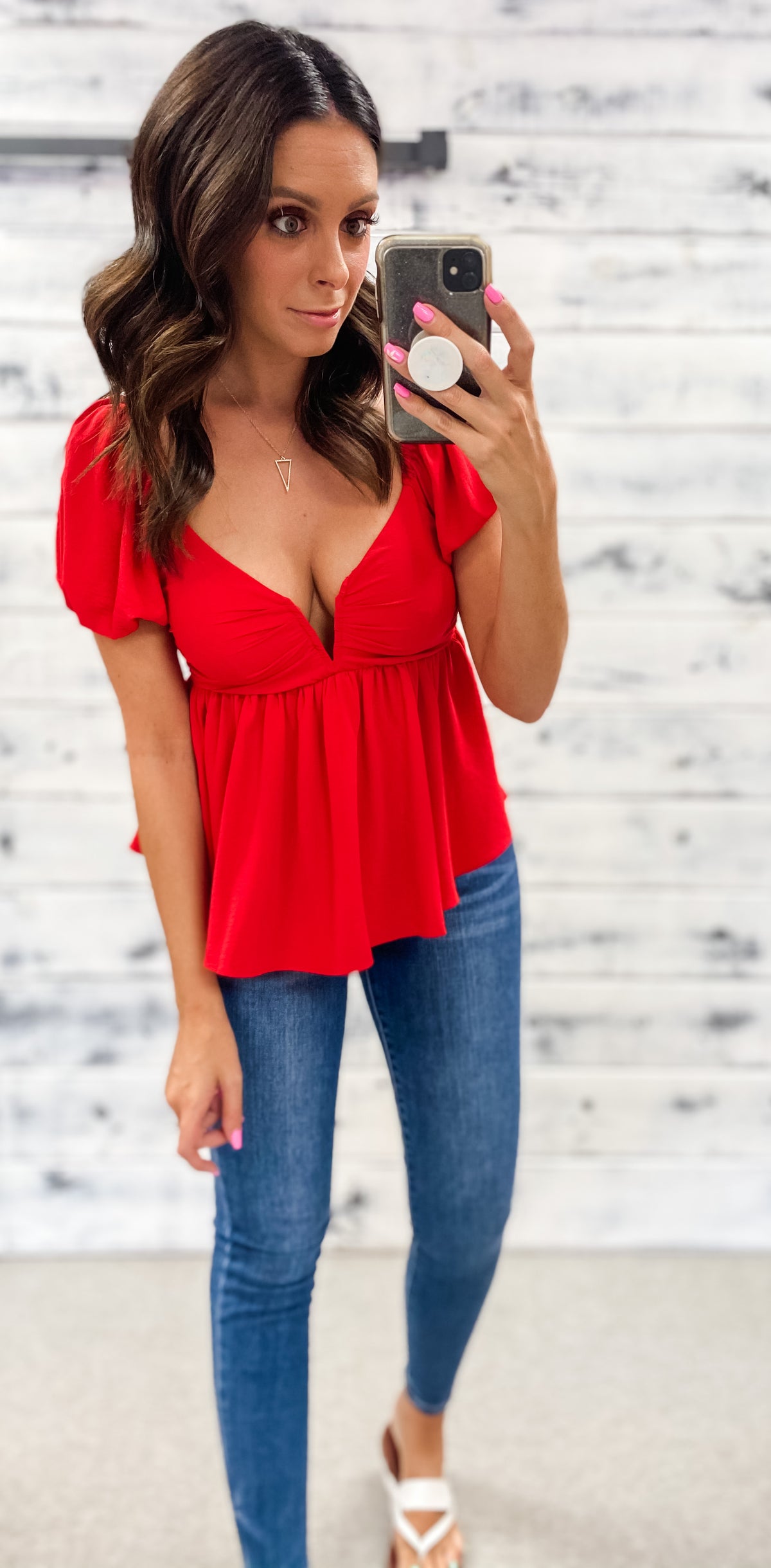 Red V-Cut Poofy Sleeve Top
