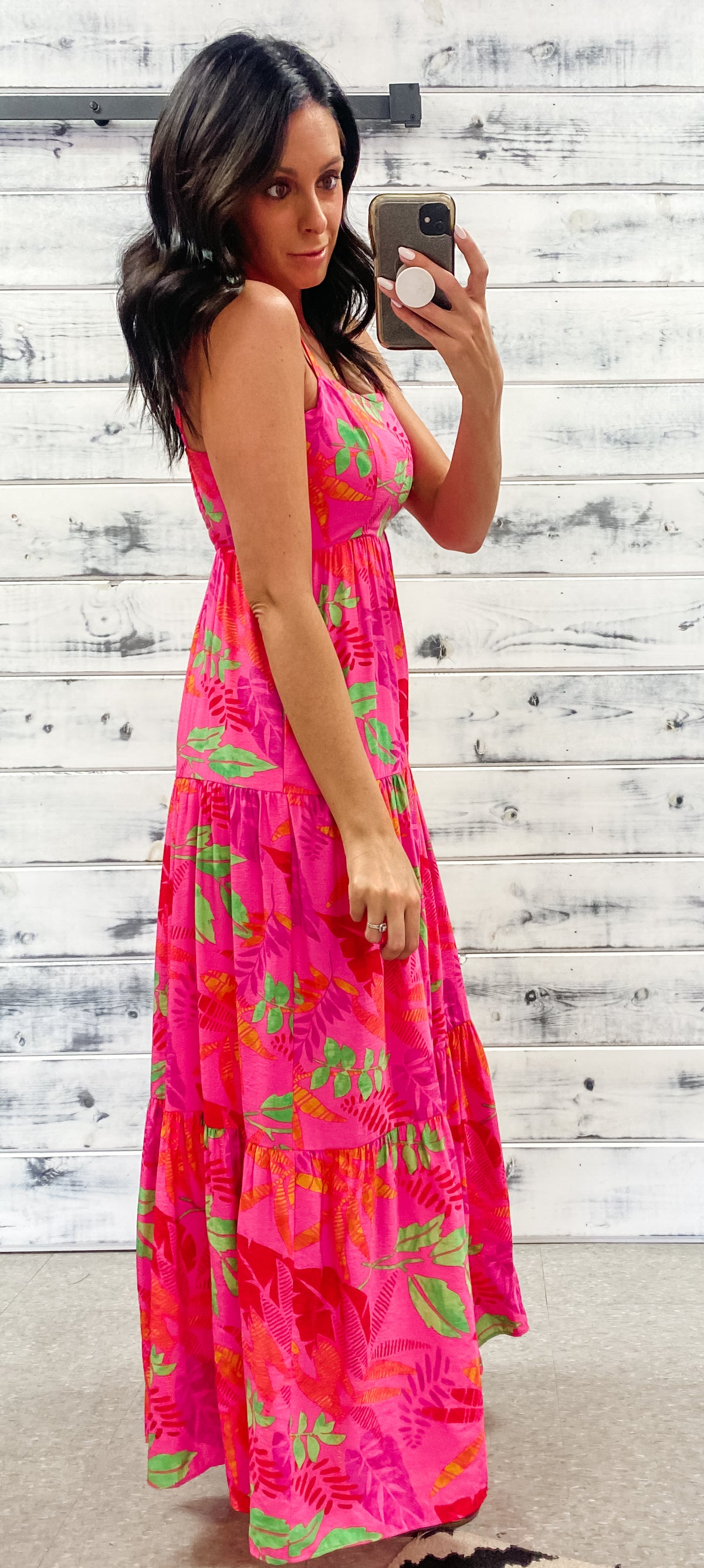 Pink Tropical Leaf Tiered Maxi Dress