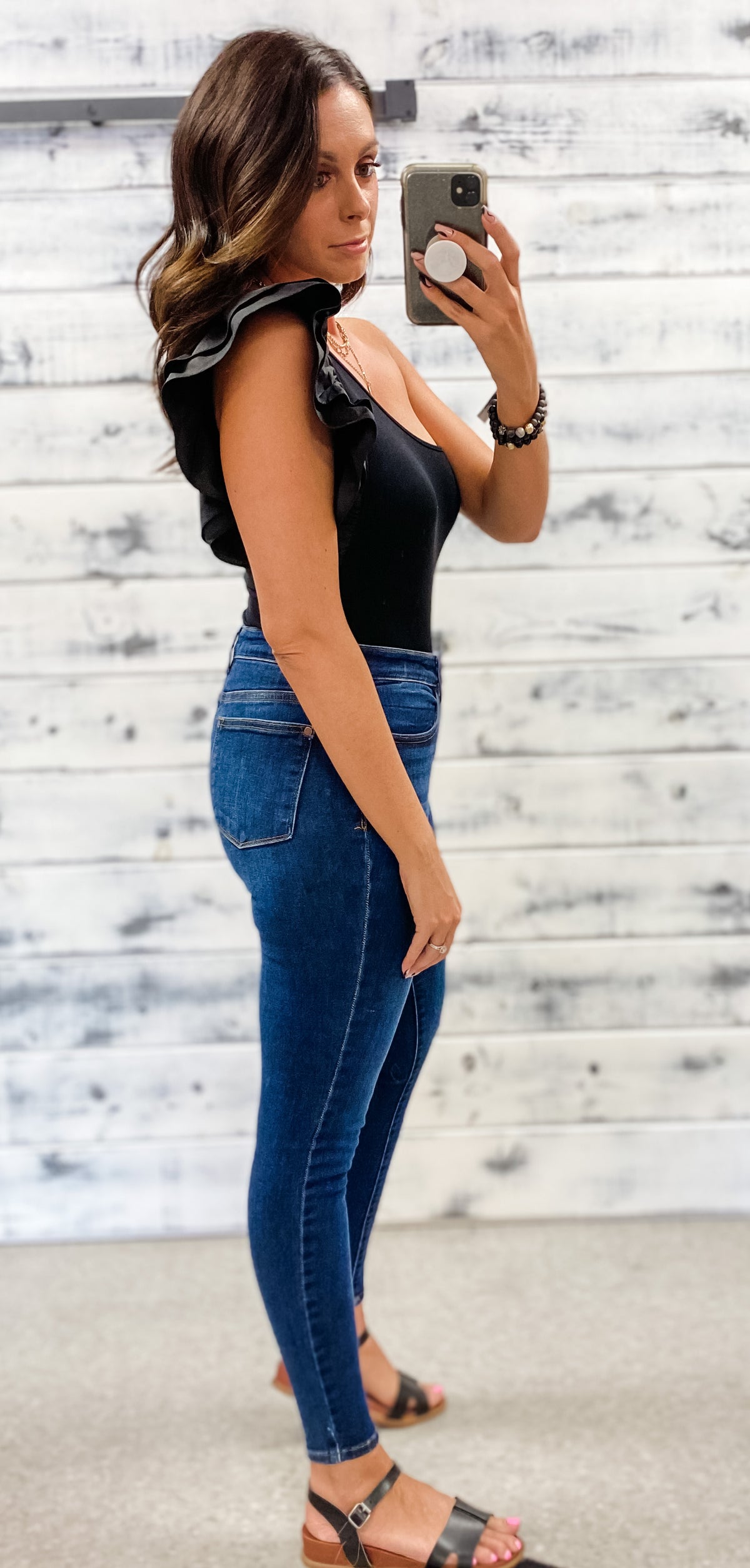 Black One Shoulder Ruffle Bodysuit