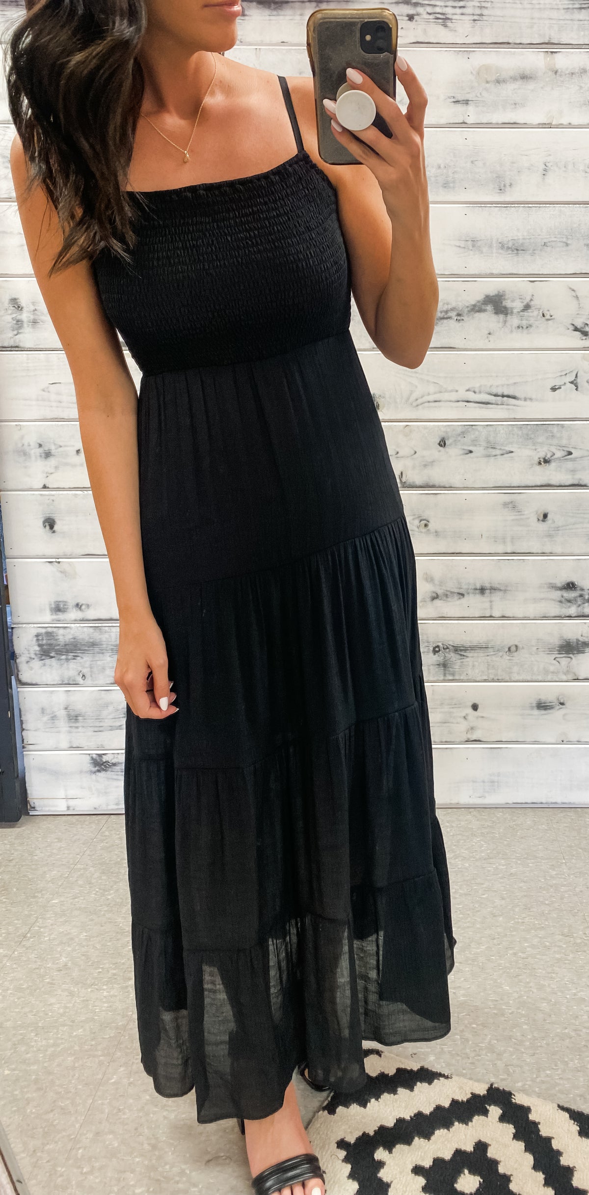 Black Smocked Tiered Ruffle Maxi Dress