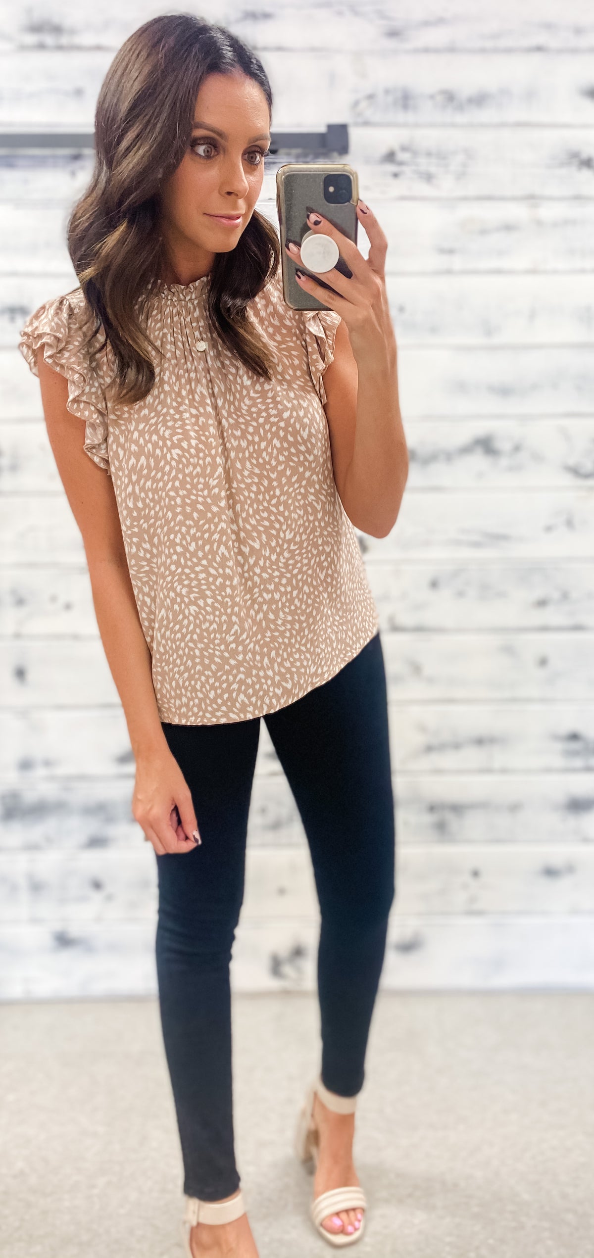 Taupe &amp; White Flutter Top
