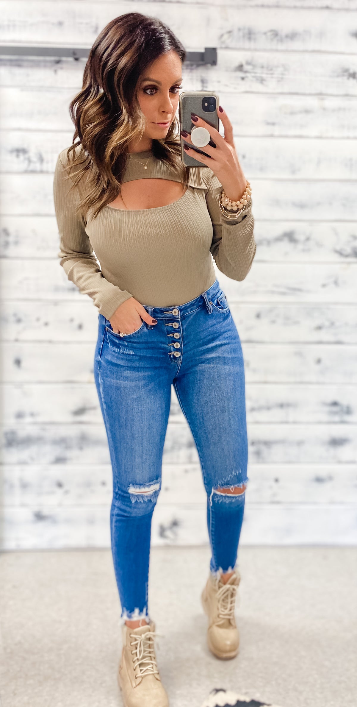 Olive Taupe Cut-Out Ribbed Bodysuit