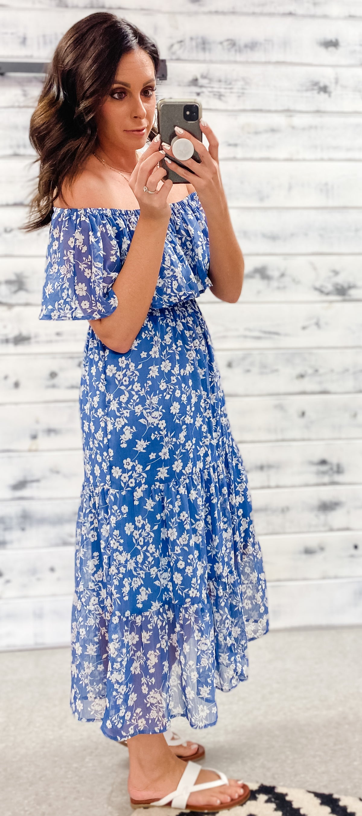 Blue &amp; White Floral Off The Shoulder Midi
