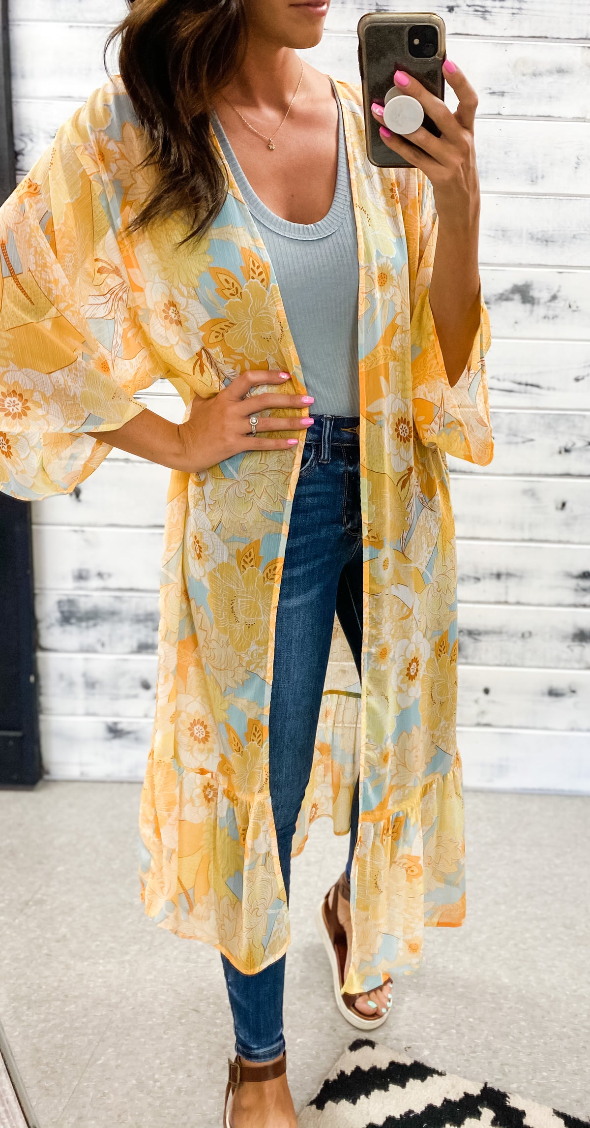 Yellow &amp; Aqua Floral Maxi Kimono