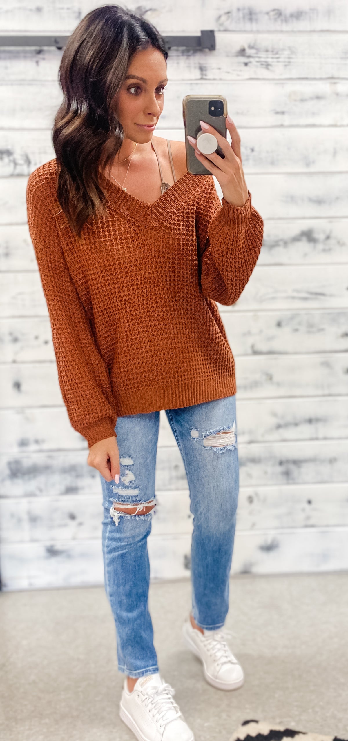 Rust Open Knit V-Neck Sweater