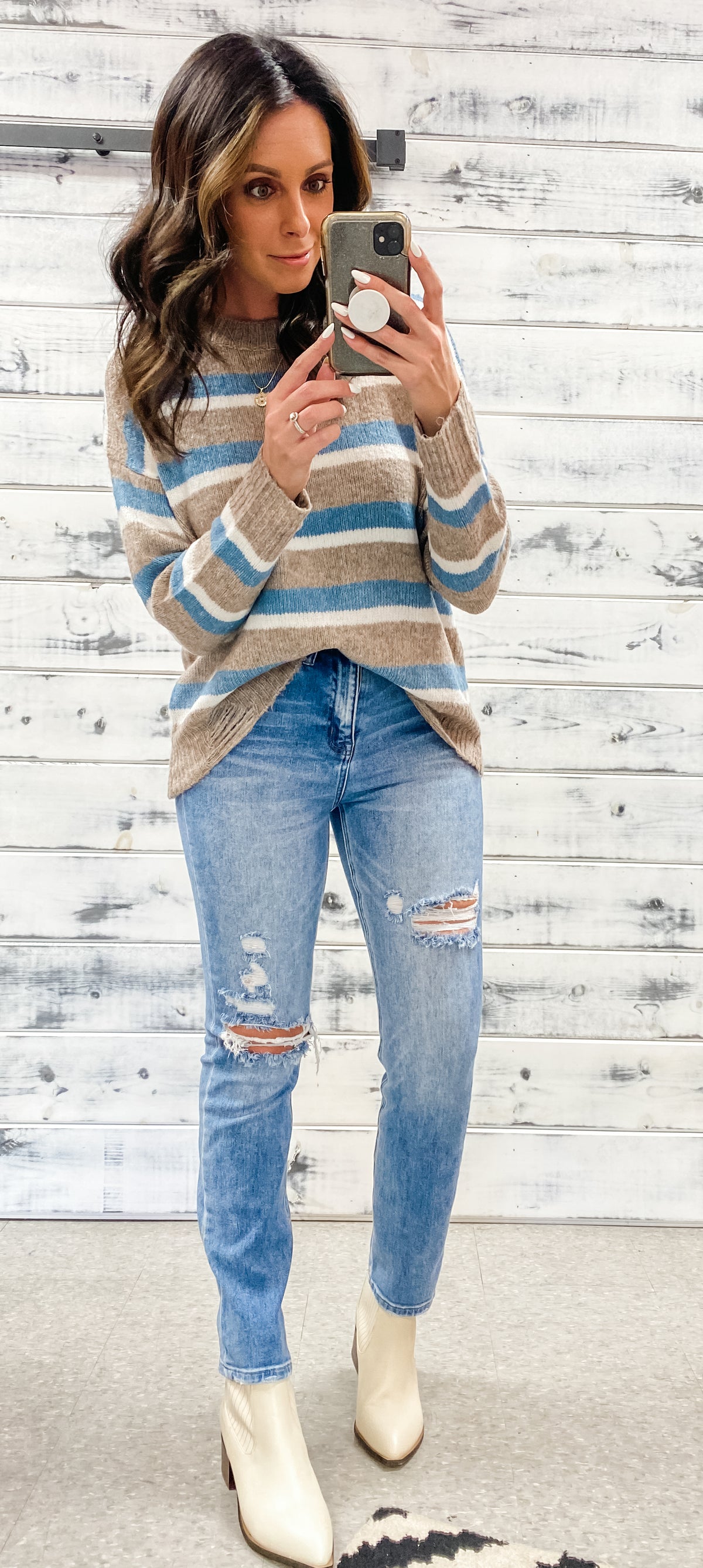 Mocha &amp; Blue Stripe Distressed Sweater