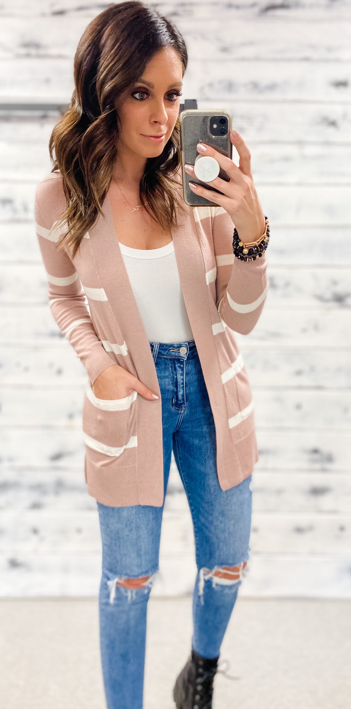 Mauve &amp; Ivory Striped Cardigan