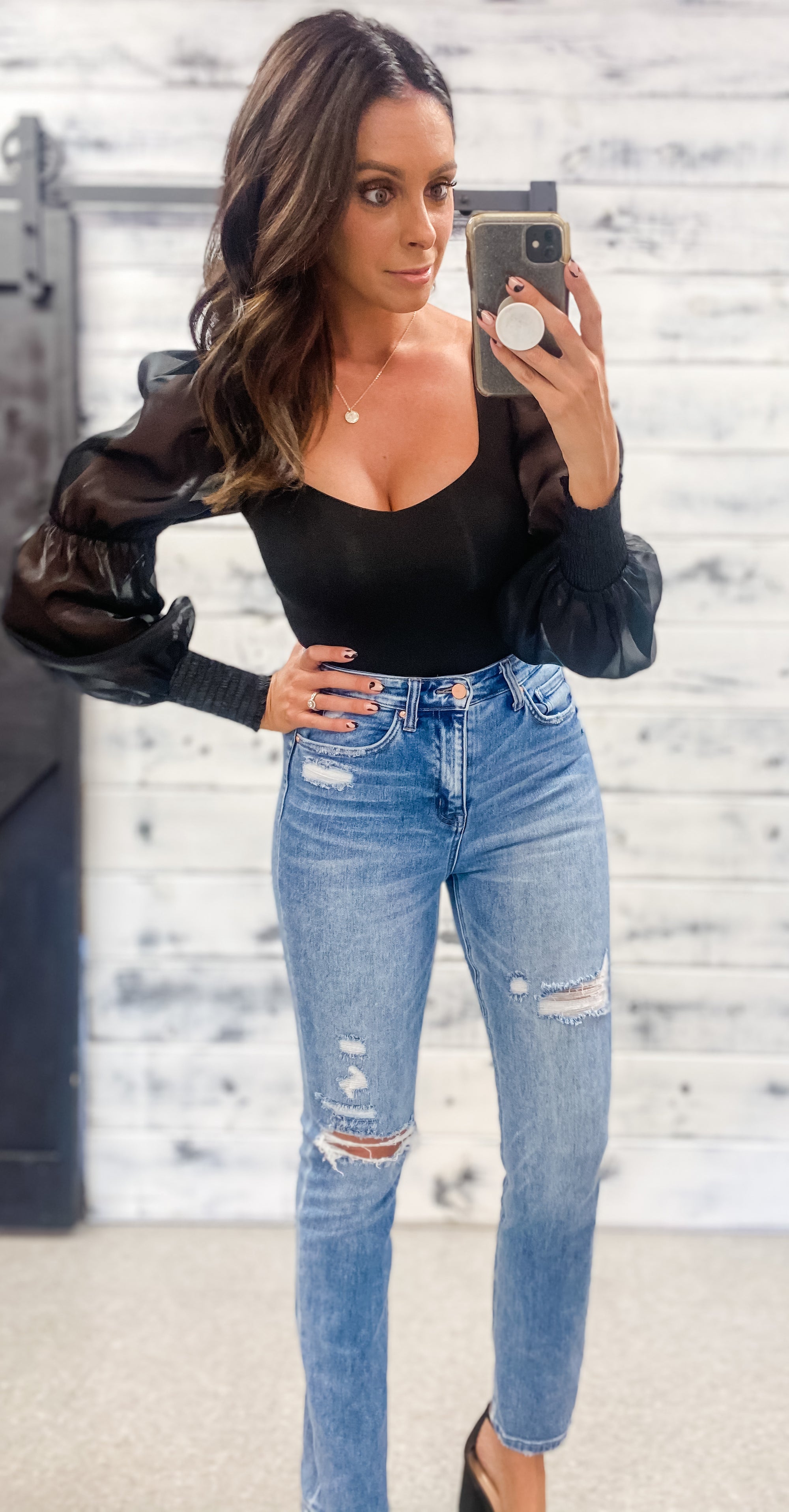 Black Sheer Puff Sleeve Bodysuit - Grace and Garment Boutique