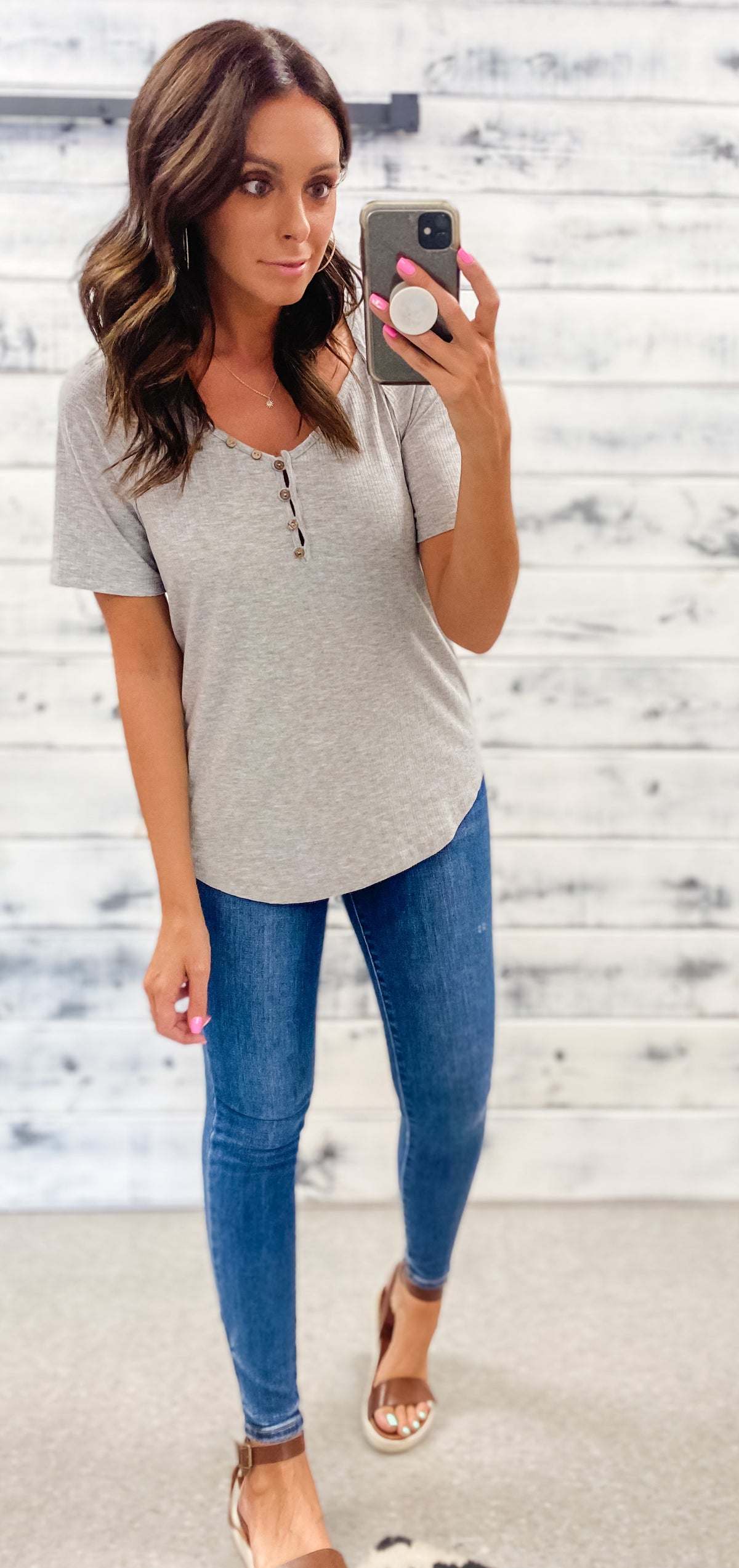 Heather Grey Ribbed Henley Top