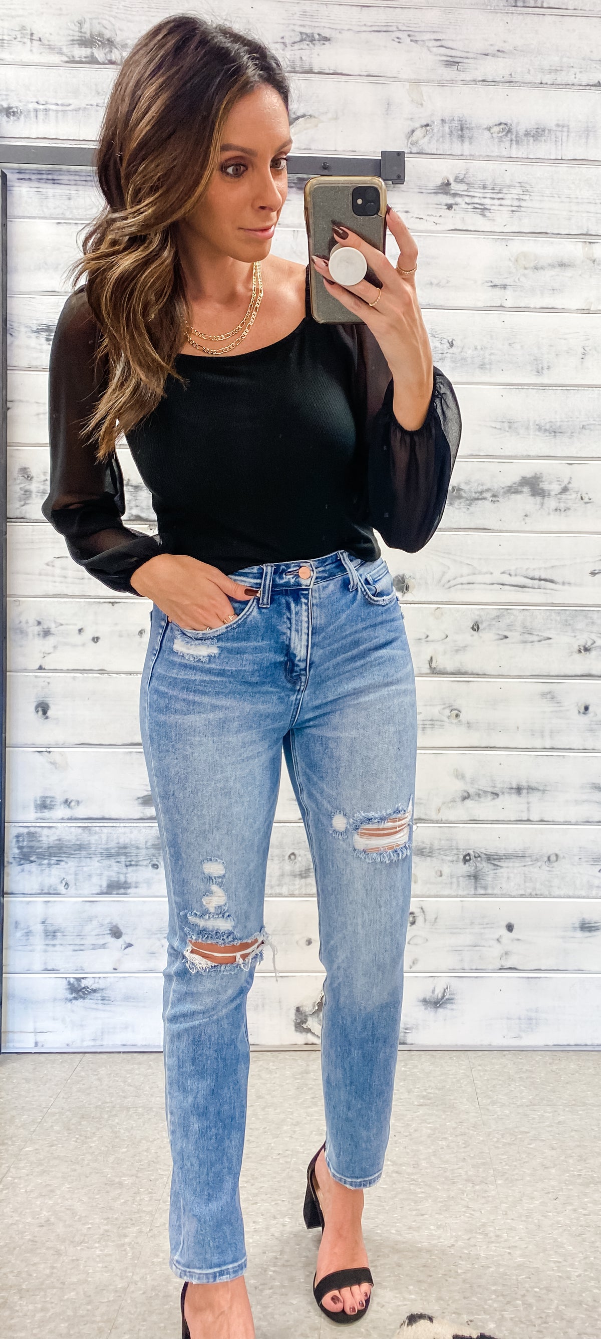 Black Ribbed Square Neck Top W/Sheer Sleeves