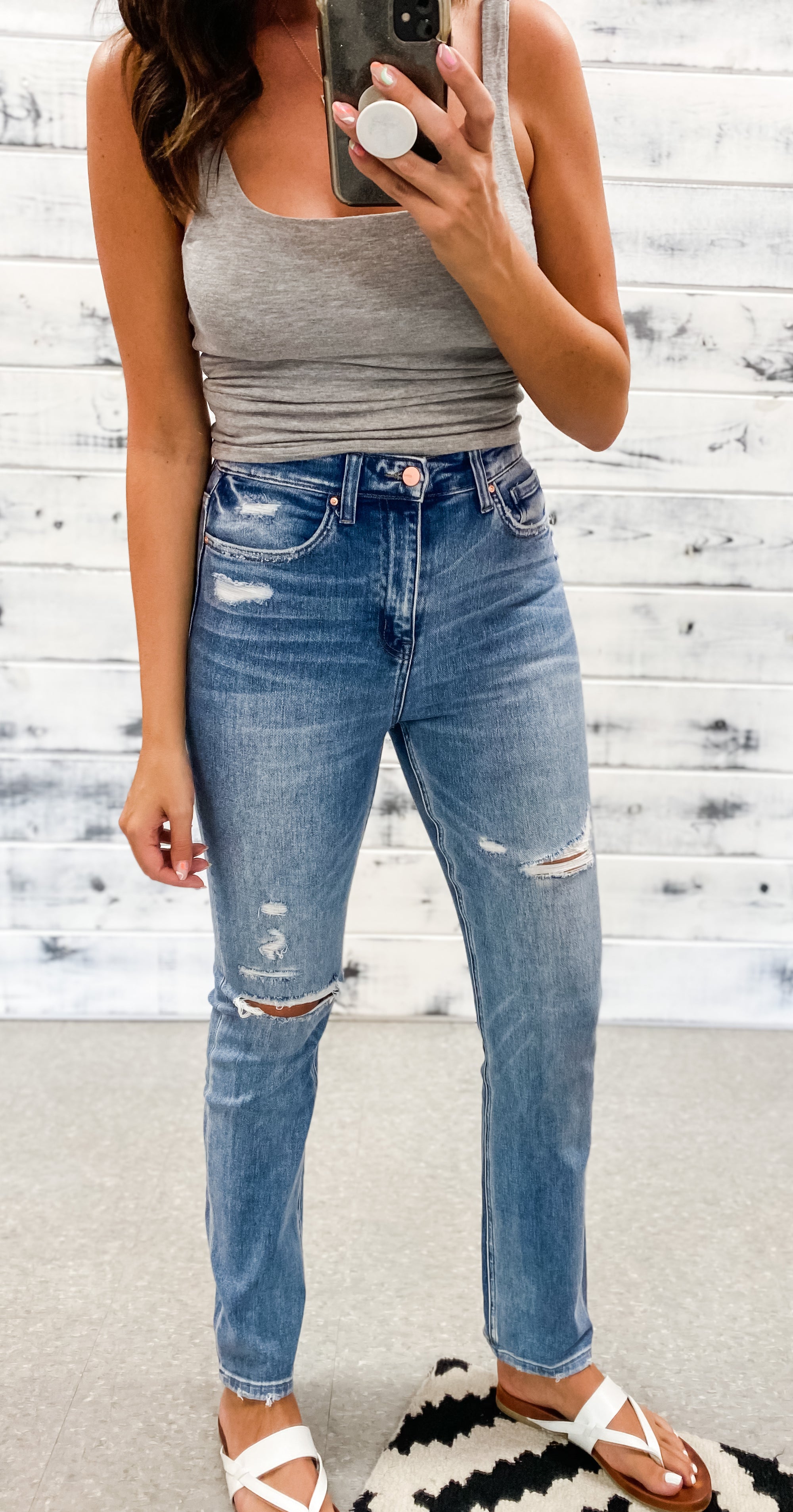 Destroyed straight leg clearance jeans