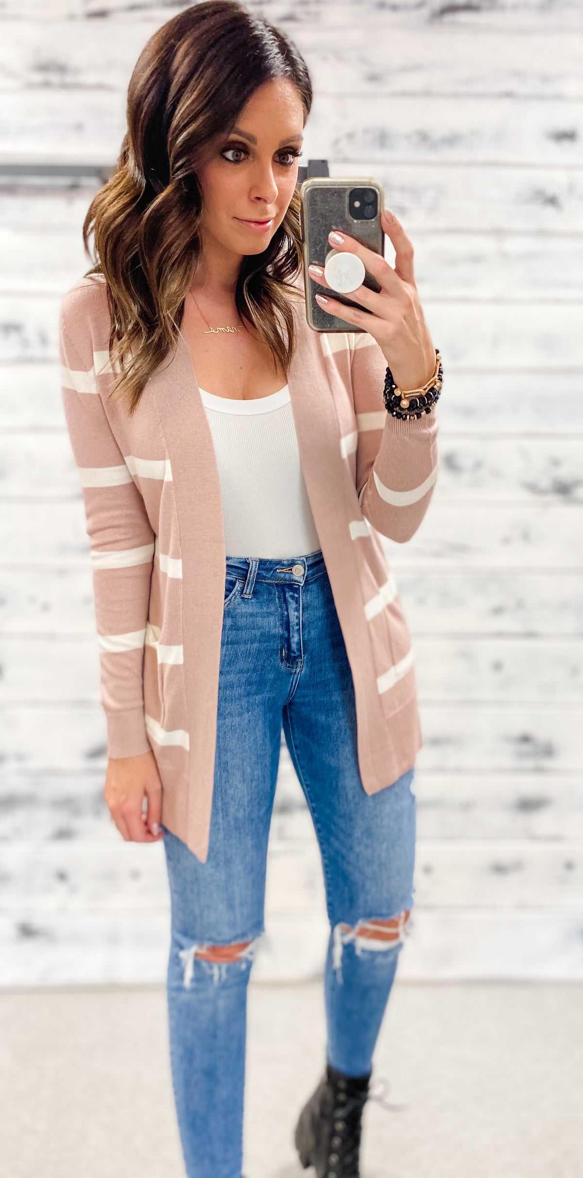 Mauve &amp; Ivory Striped Cardigan