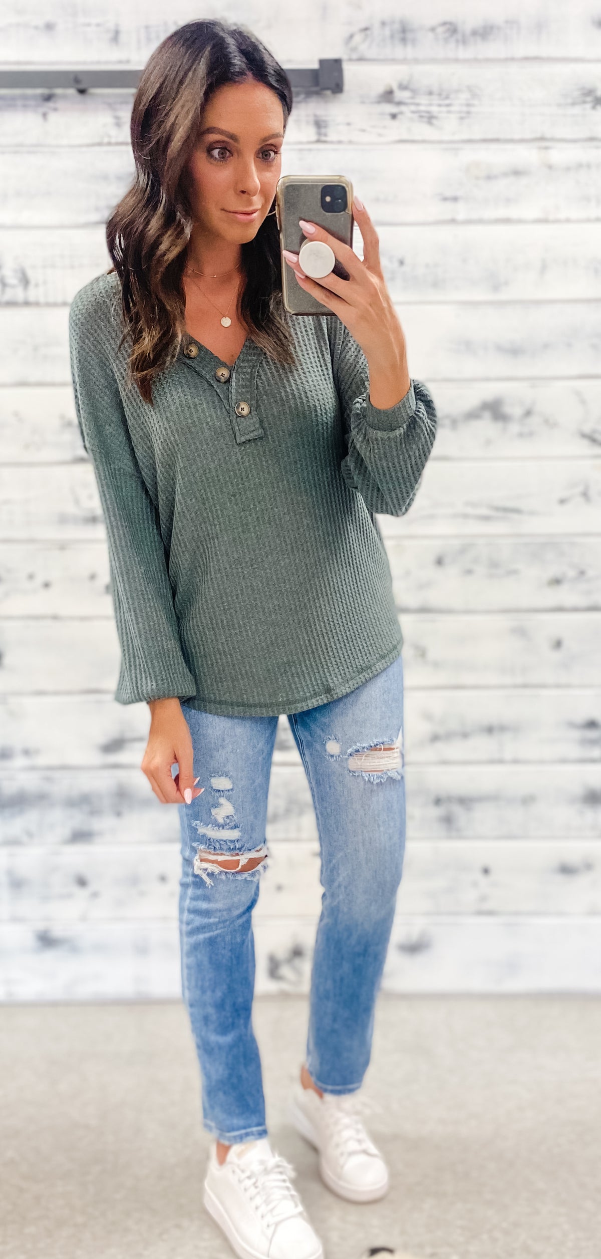 Muted Teal Waffle Knit Button Top
